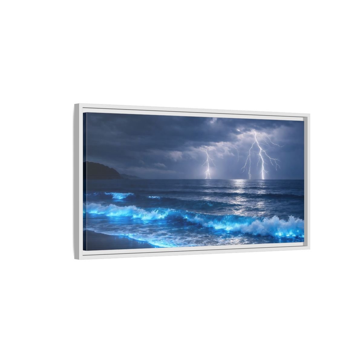 Landscape Nature Lightning Storm Blue Ocean - Framed Canvas Wall Art Print - YesArtYes