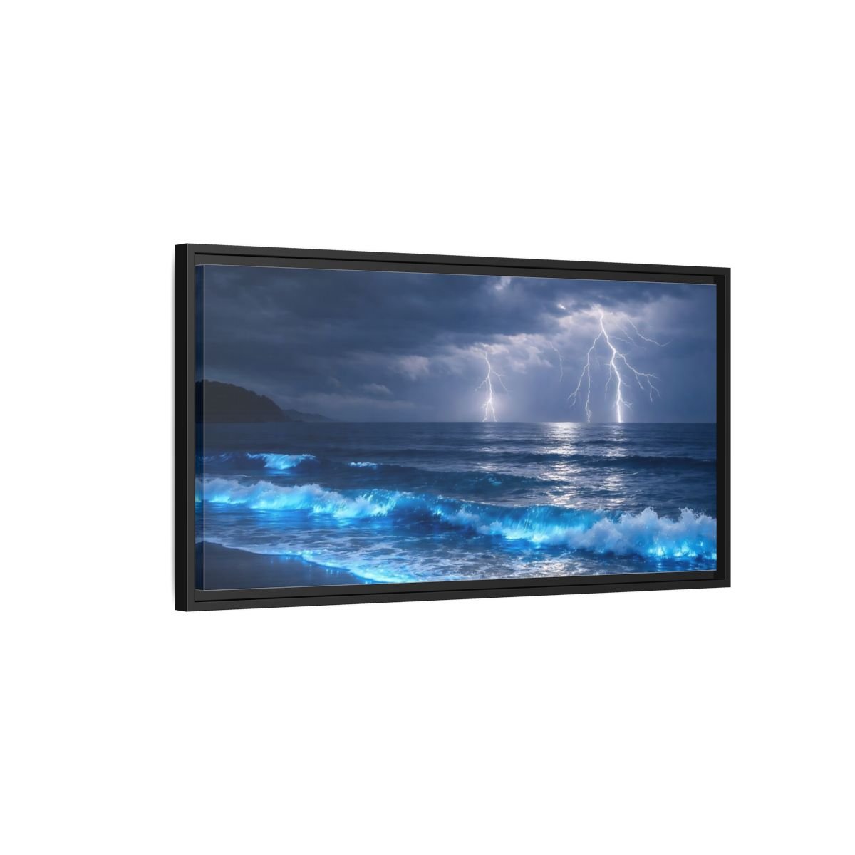 Landscape Nature Lightning Storm Blue Ocean - Framed Canvas Wall Art Print - YesArtYes