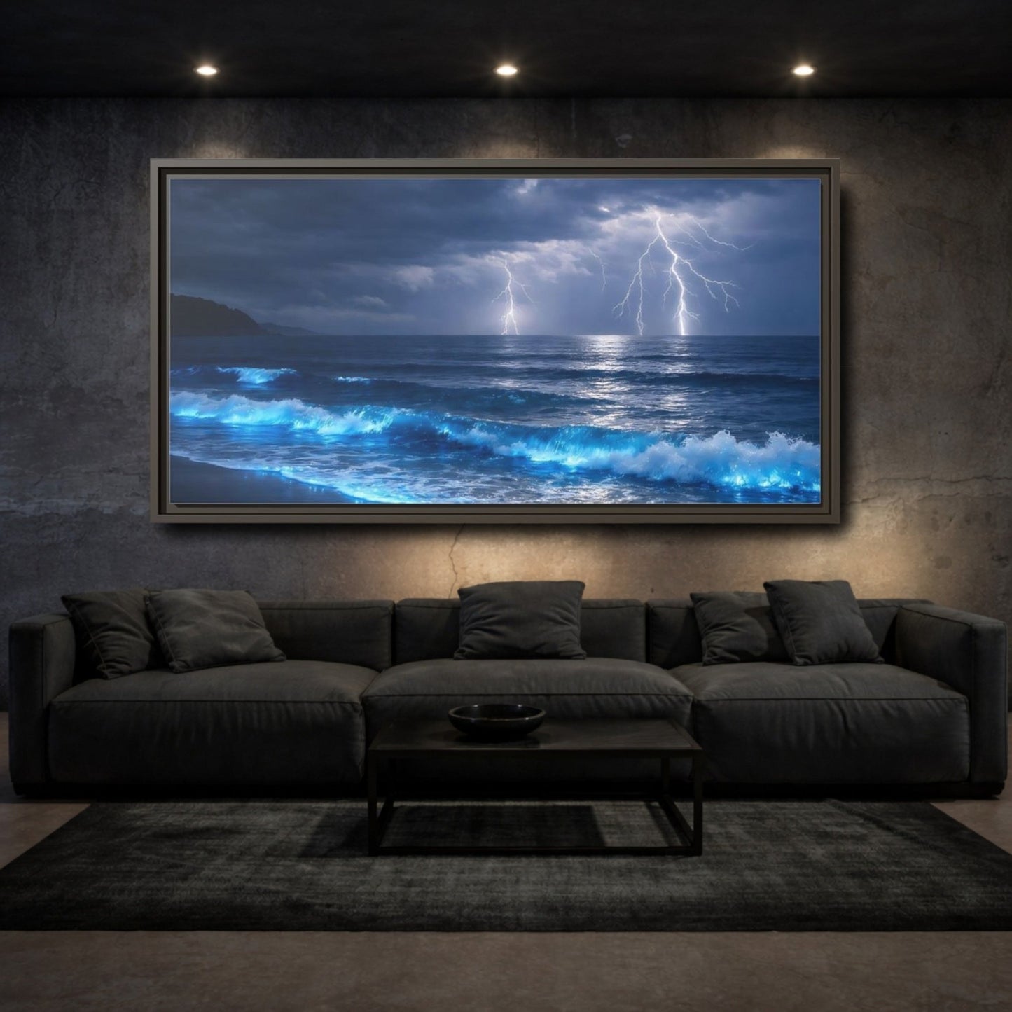 Landscape Nature Lightning Storm Blue Ocean - Framed Canvas Wall Art Print - YesArtYes