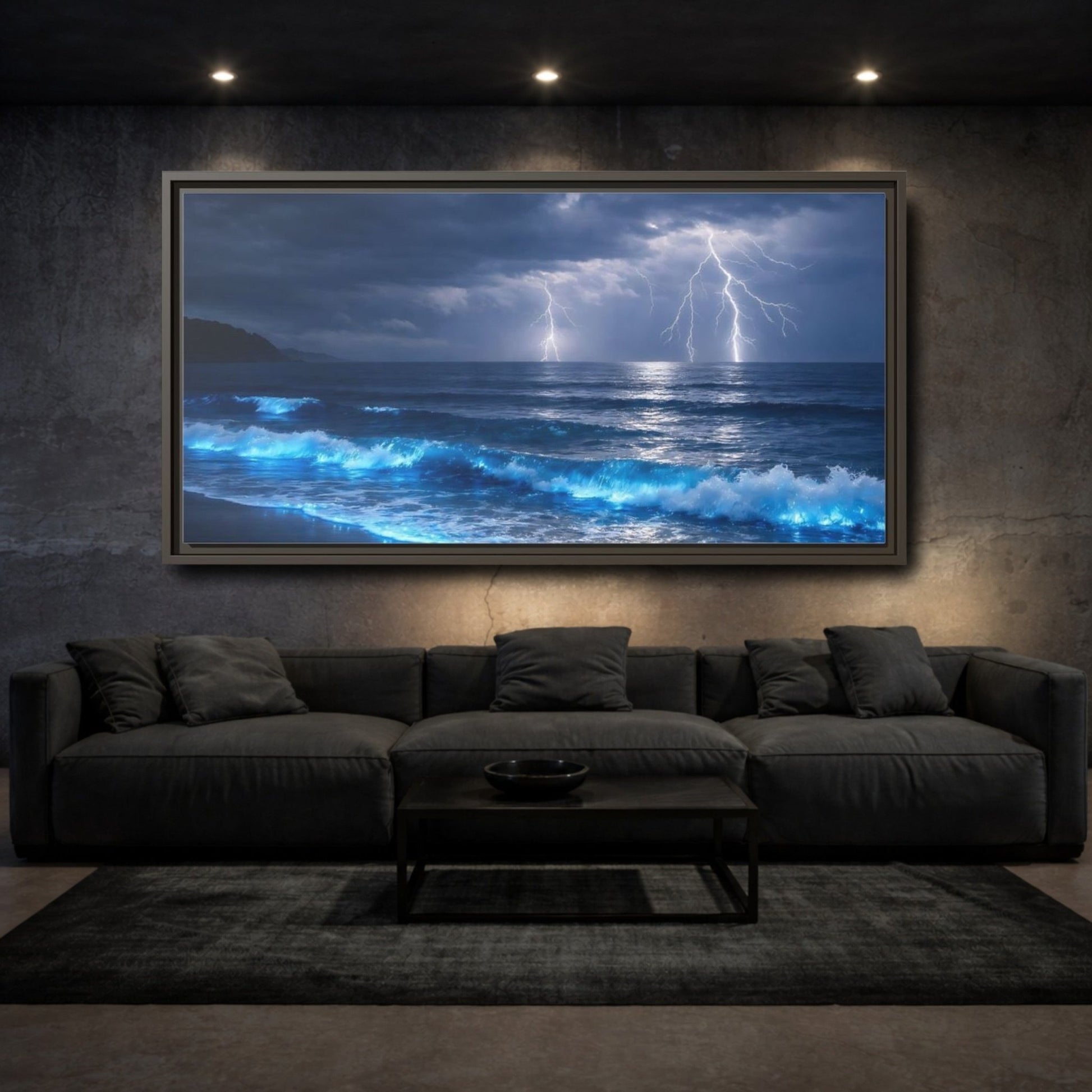 Landscape Nature Lightning Storm Blue Ocean - Framed Canvas Wall Art Print - YesArtYes