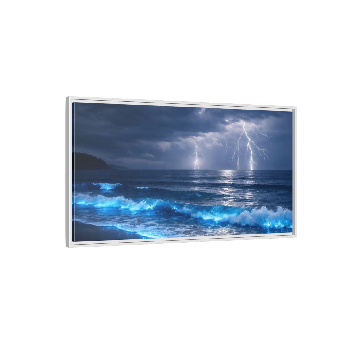 Side Mockup 3. Nature Lightning Storm Blue Ocean Storm shown as stretched canvas wall art