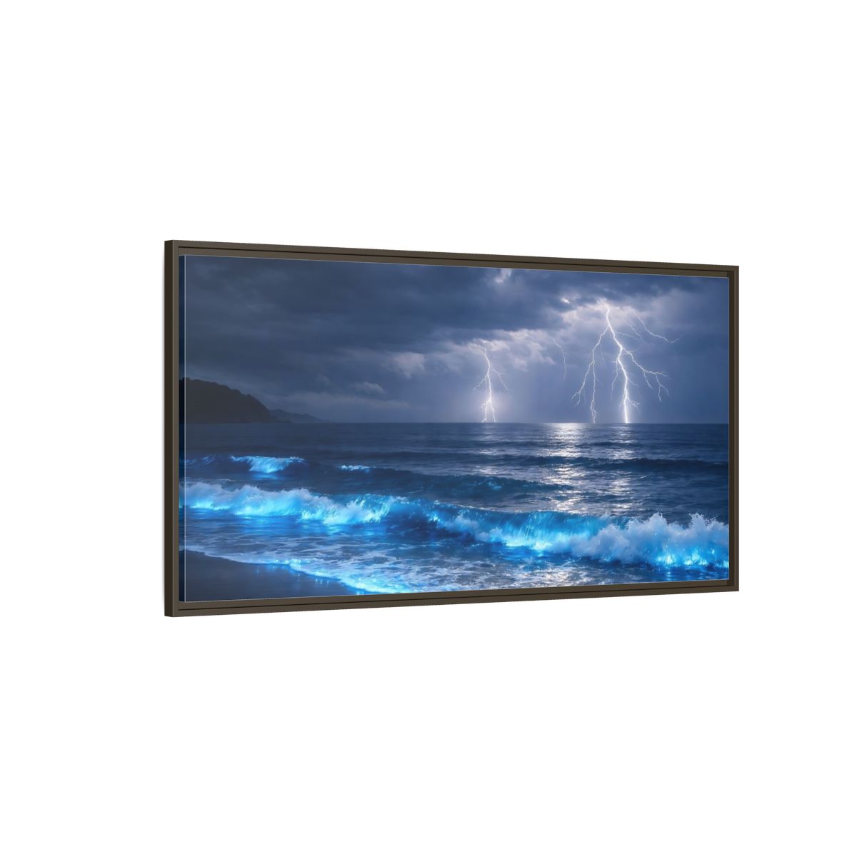 Side Mockup 4. Nature Lightning Storm Blue Ocean Storm shown as stretched canvas wall art