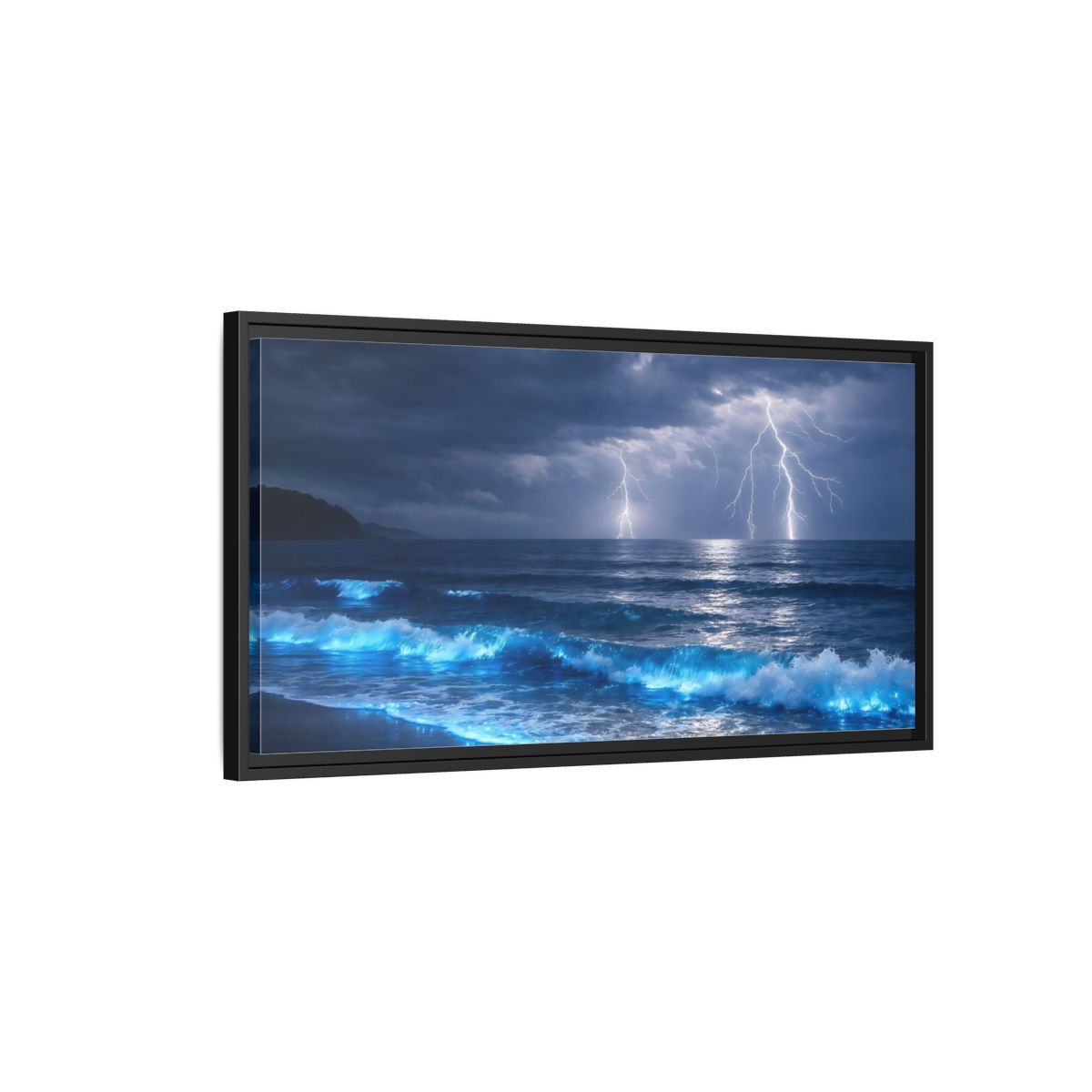 Side Mockup 2. Nature Lightning Storm Blue Ocean Storm shown as stretched canvas wall art