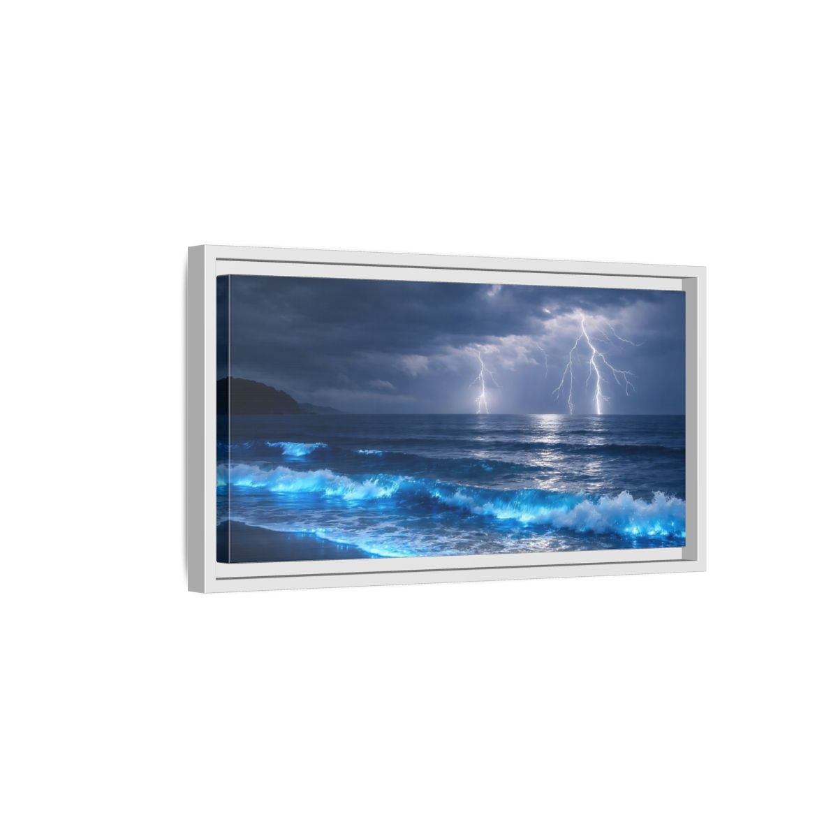 Side Mockup 6. Nature Lightning Storm Blue Ocean Storm shown as stretched canvas wall art