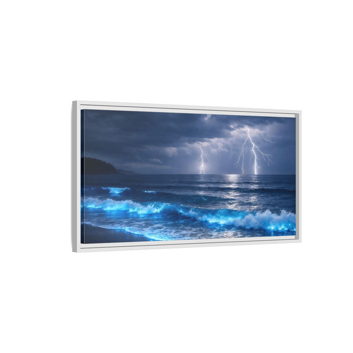 Side Mockup 1. Nature Lightning Storm Blue Ocean Storm shown as stretched canvas wall art