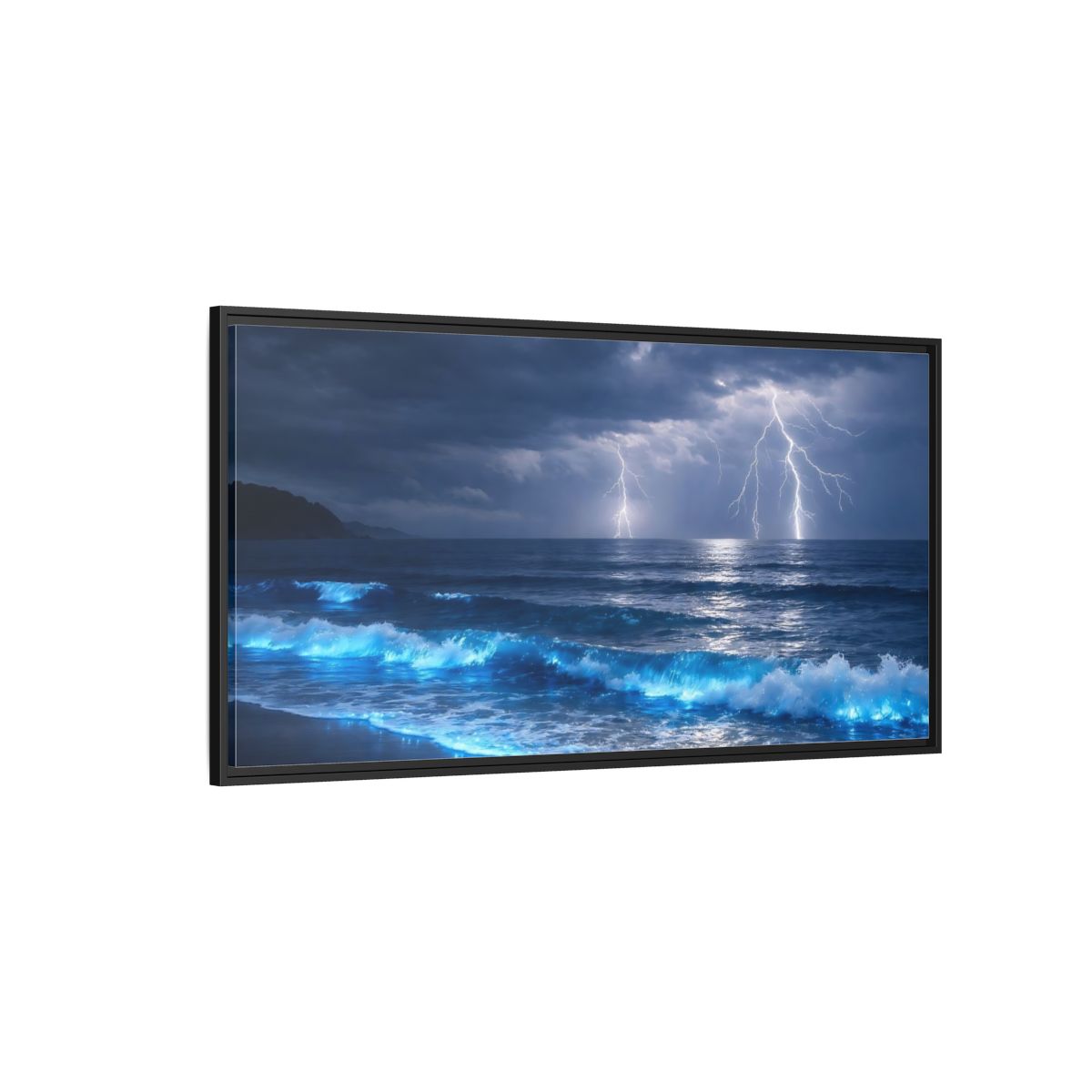 Side Mockup 5. Nature Lightning Storm Blue Ocean Storm shown as stretched canvas wall art