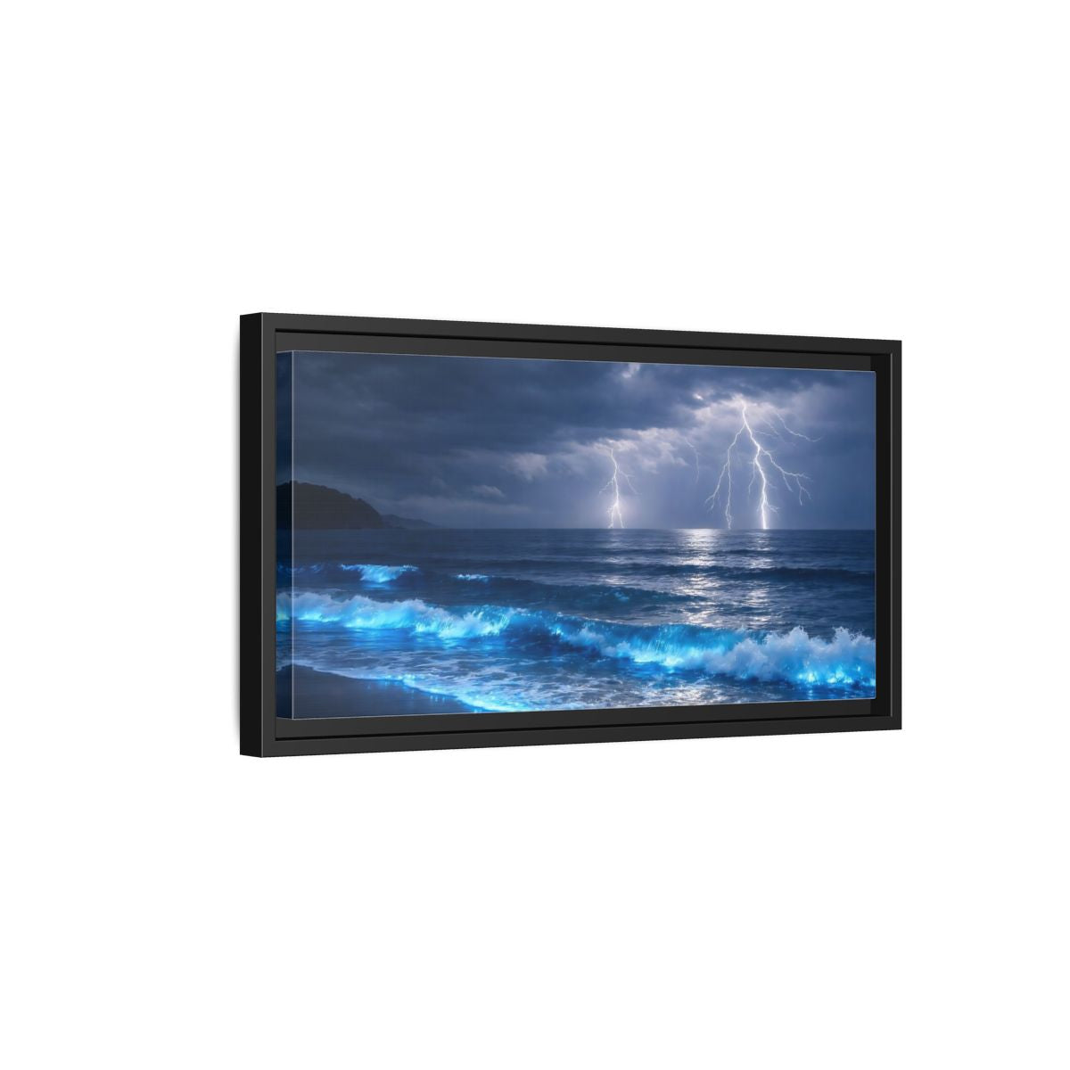 Side Mockup 8. Nature Lightning Storm Blue Ocean Storm shown as stretched canvas wall art