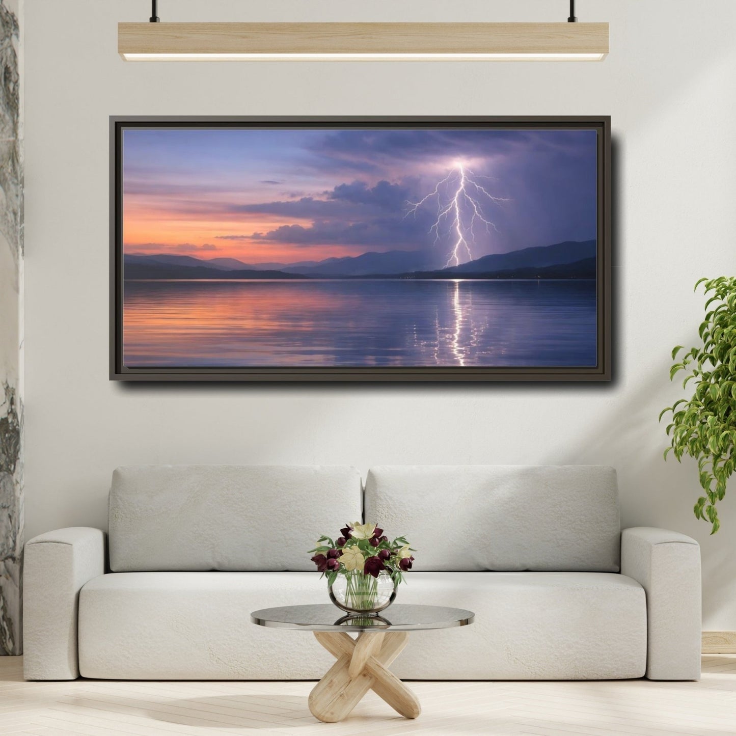 Landscape Nature Lightning Storm Blue Orange - Framed Canvas Wall Art Print - YesArtYes