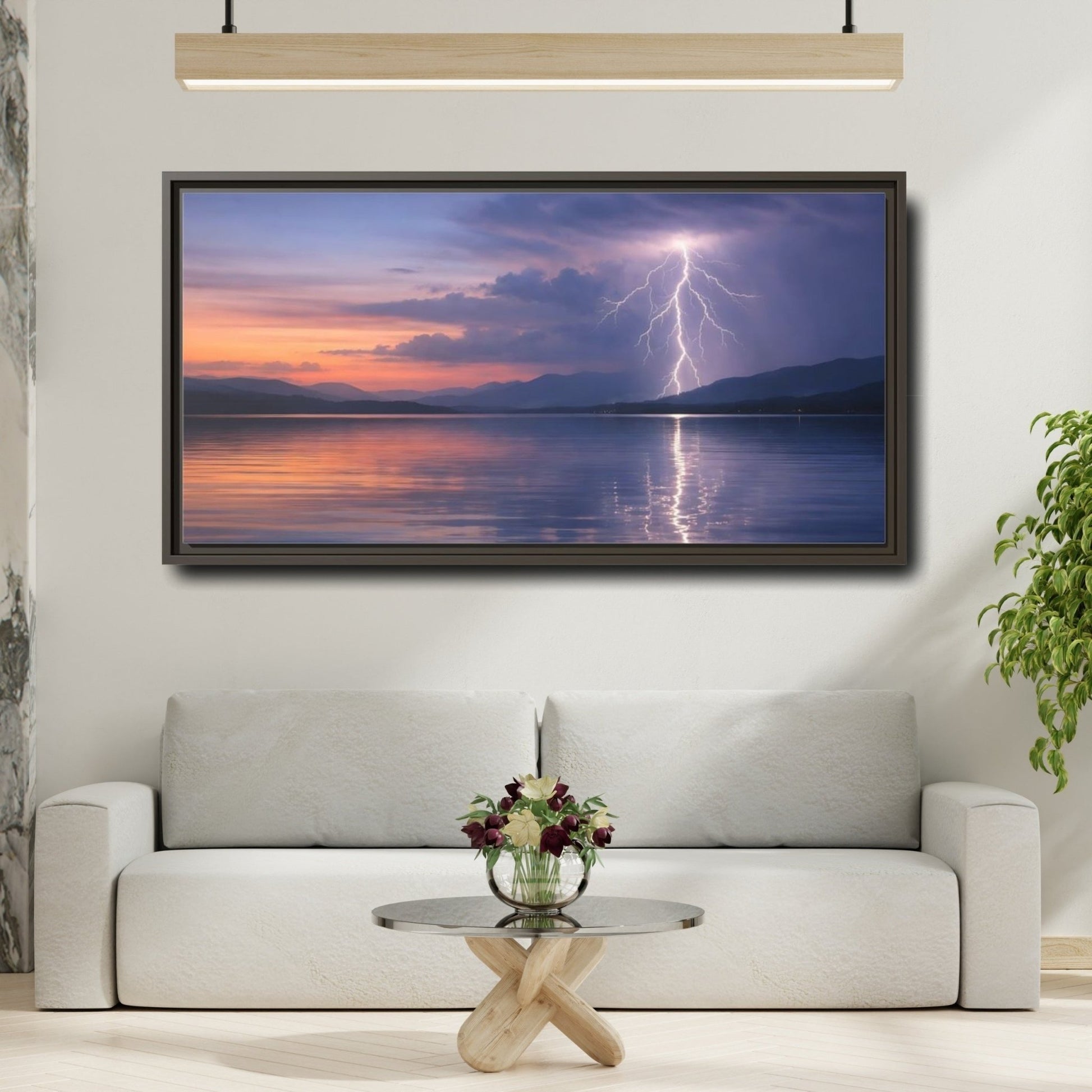 Landscape Nature Lightning Storm Blue Orange - Framed Canvas Wall Art Print - YesArtYes