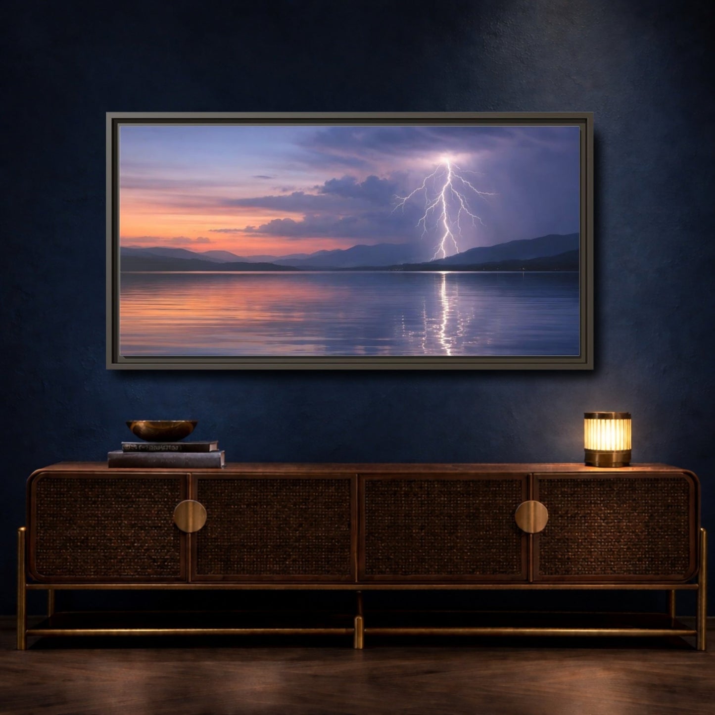 Landscape Nature Lightning Storm Blue Orange - Framed Canvas Wall Art Print - YesArtYes