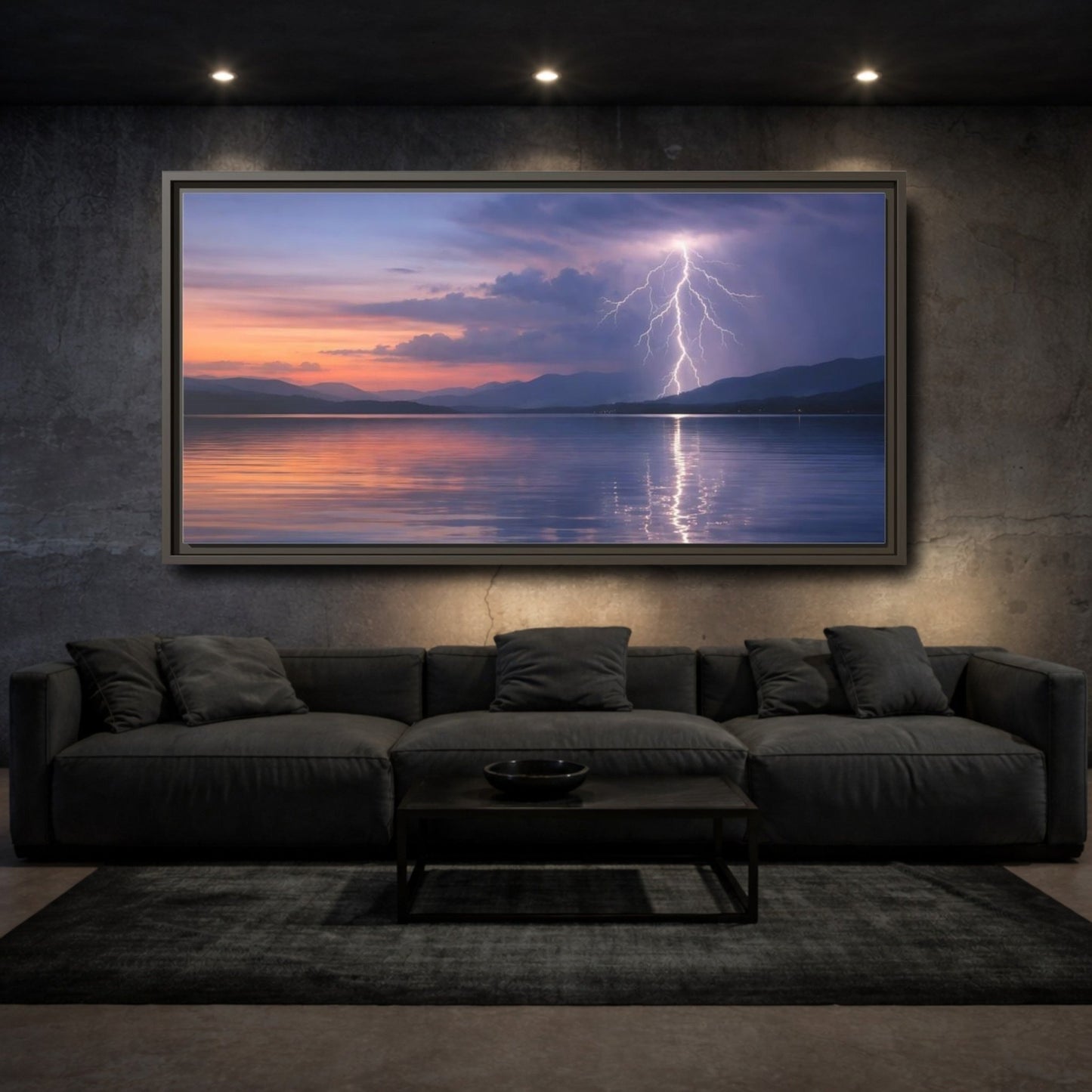 Landscape Nature Lightning Storm Blue Orange - Framed Canvas Wall Art Print - YesArtYes