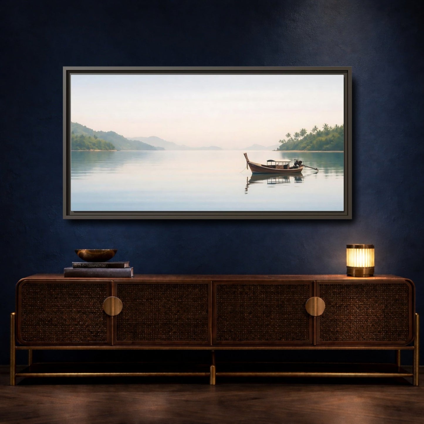 Landscape Nature Longtail Boat Blue Ocean - Framed Canvas Wall Art Print - YesArtYes