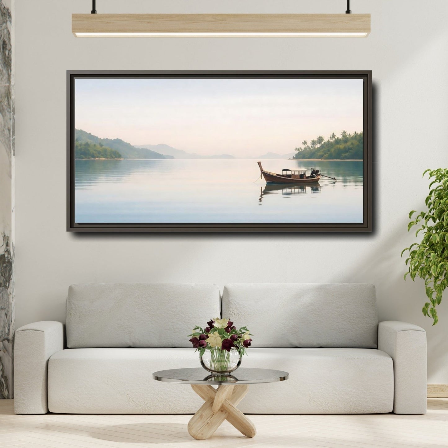 Landscape Nature Longtail Boat Blue Ocean - Framed Canvas Wall Art Print - YesArtYes