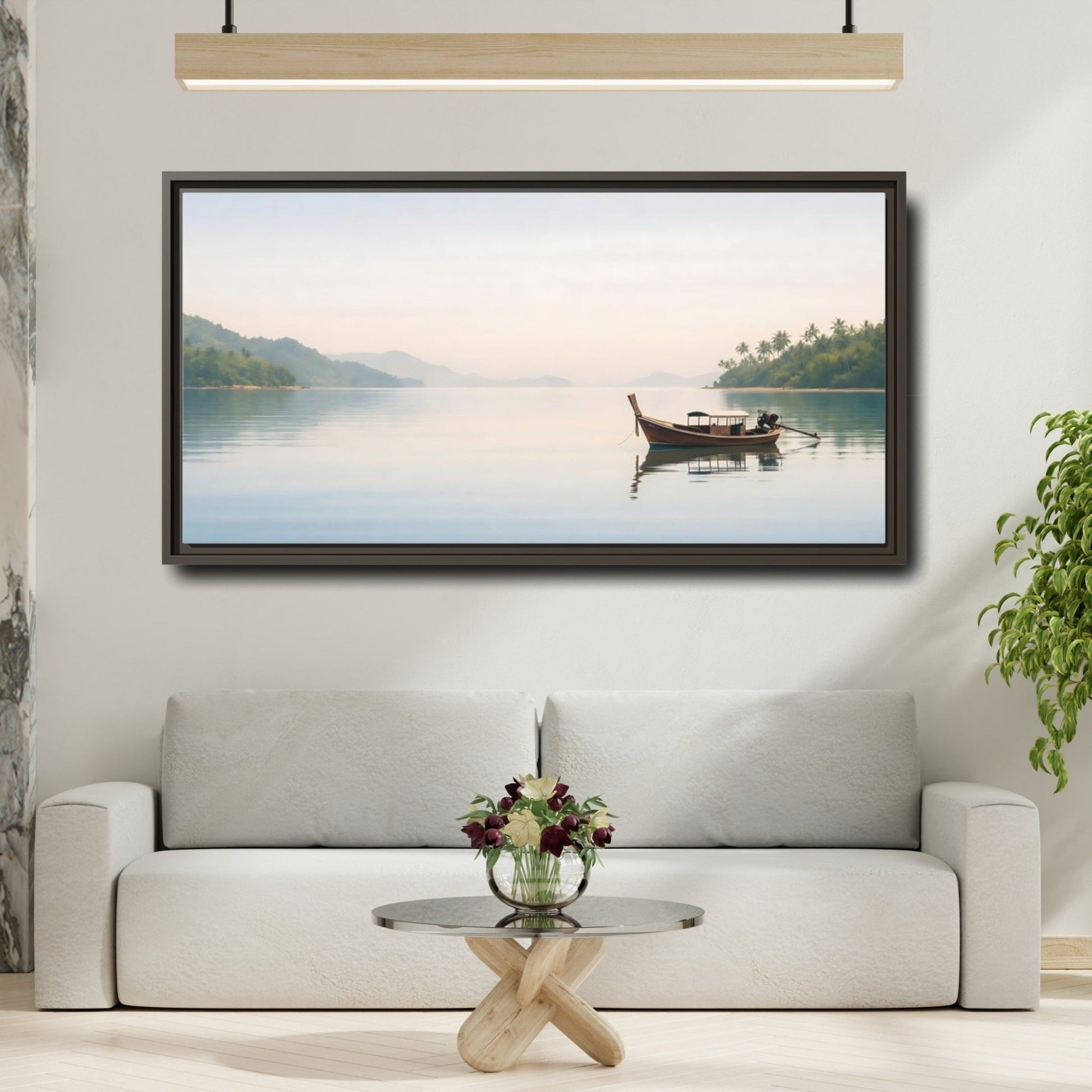 Landscape Nature Longtail Boat Blue Ocean - Framed Canvas Wall Art Print - YesArtYes