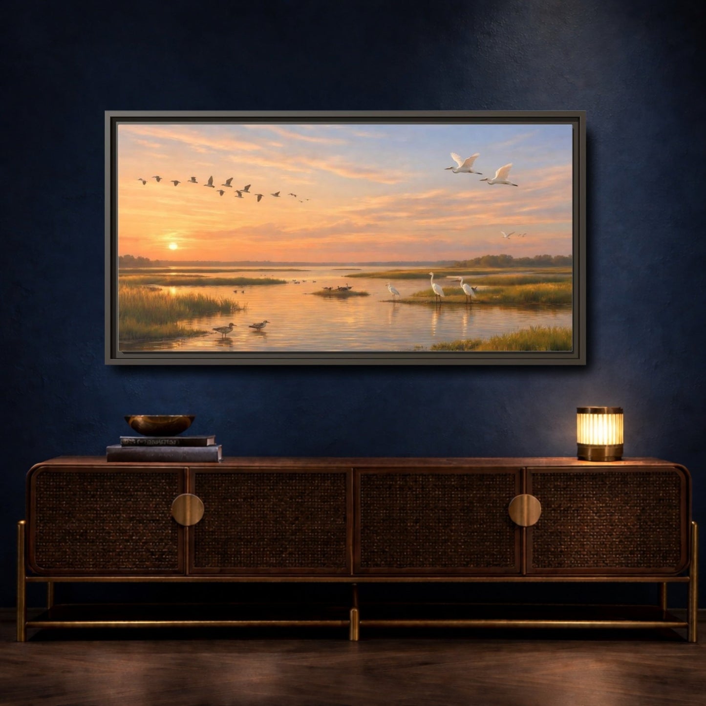 Landscape Nature Marshland Birds Golden Wetland - Framed Canvas Wall Art Print - YesArtYes