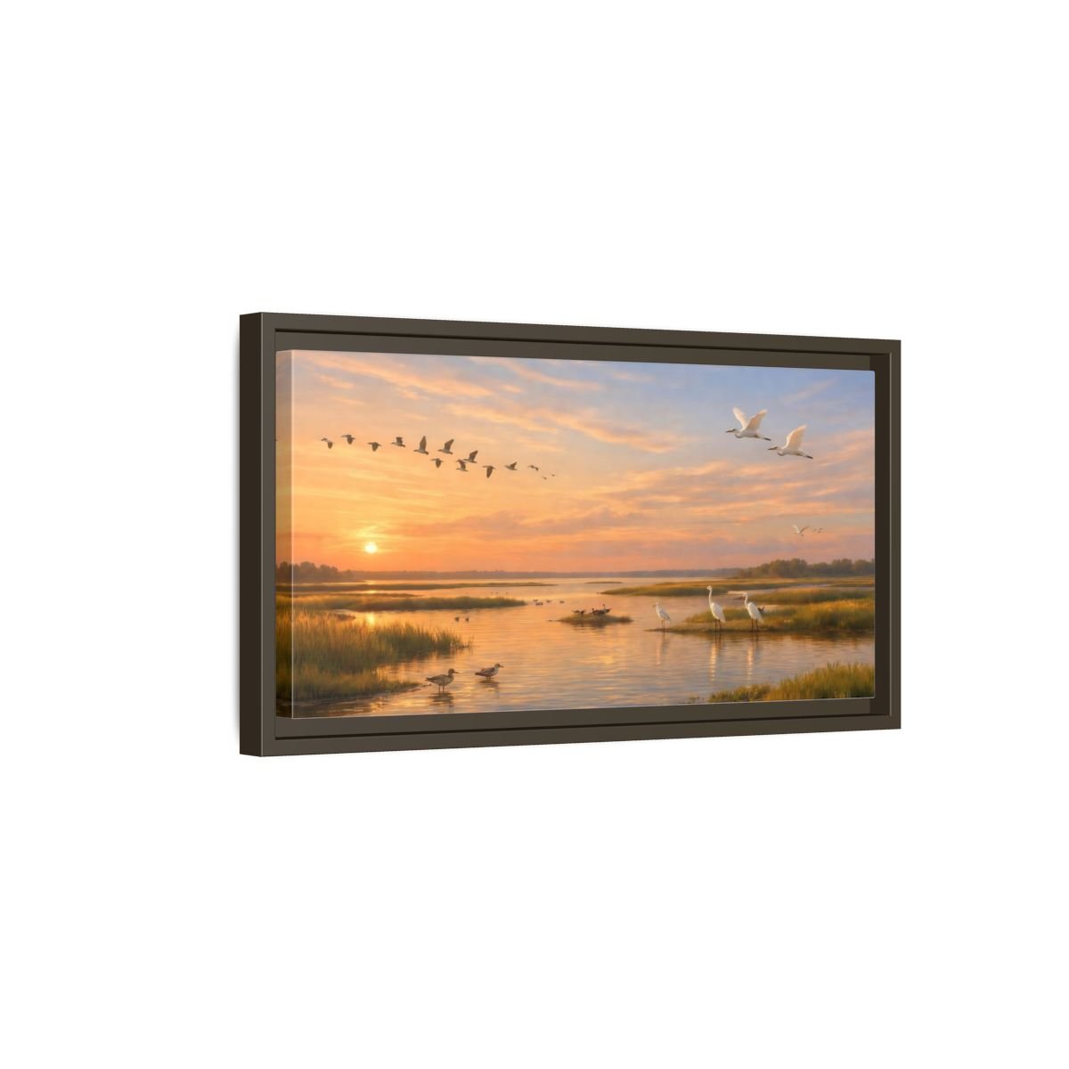 Landscape Nature Marshland Birds Golden Wetland - Framed Canvas Wall Art Print - YesArtYes
