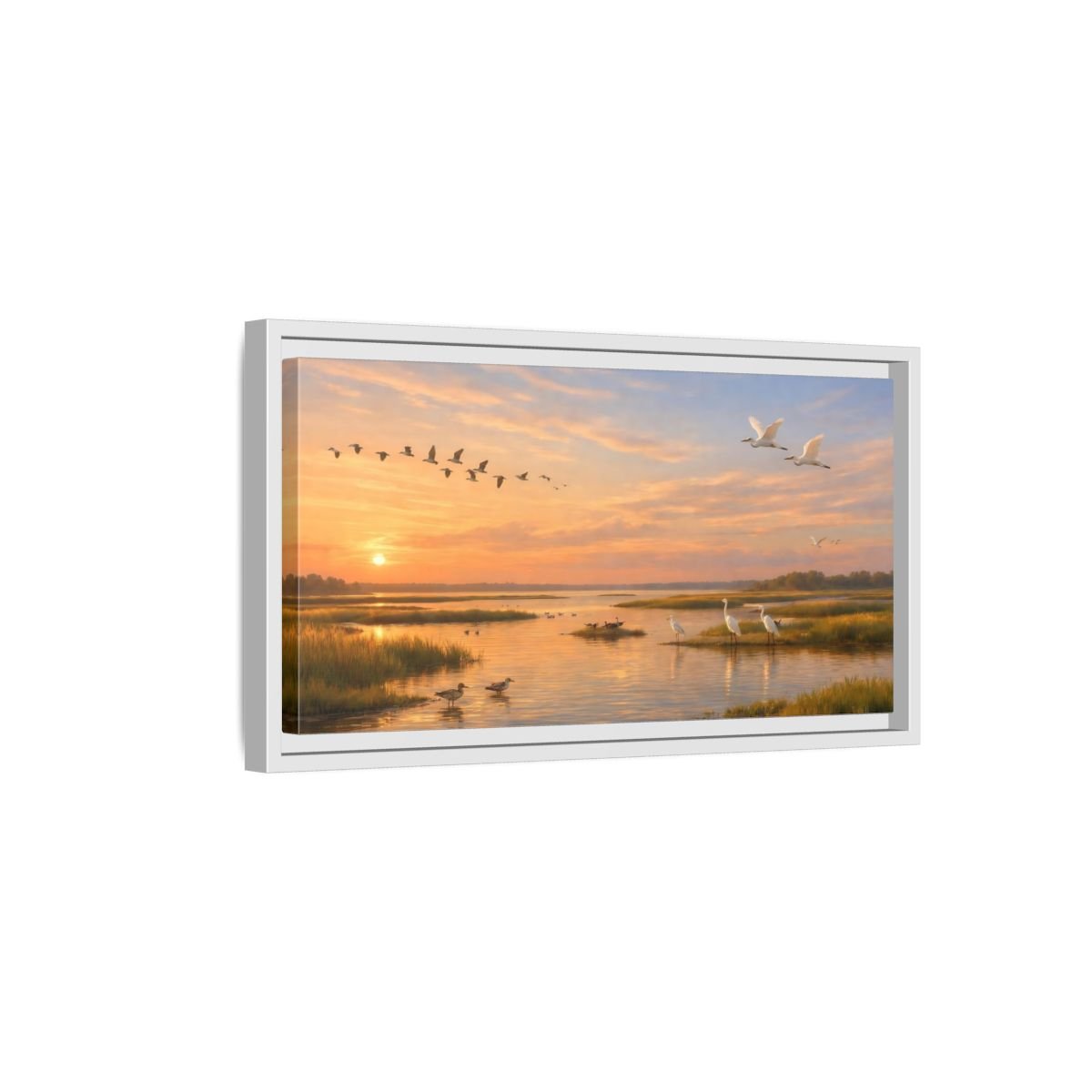 Landscape Nature Marshland Birds Golden Wetland - Framed Canvas Wall Art Print - YesArtYes