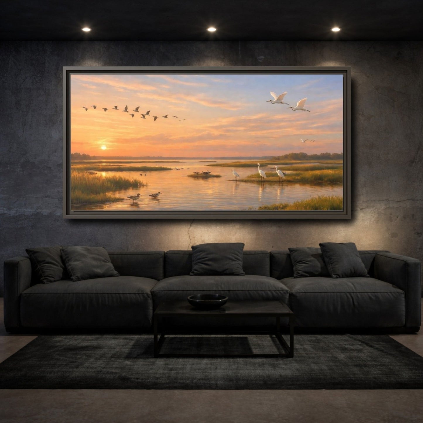 Landscape Nature Marshland Birds Golden Wetland - Framed Canvas Wall Art Print - YesArtYes