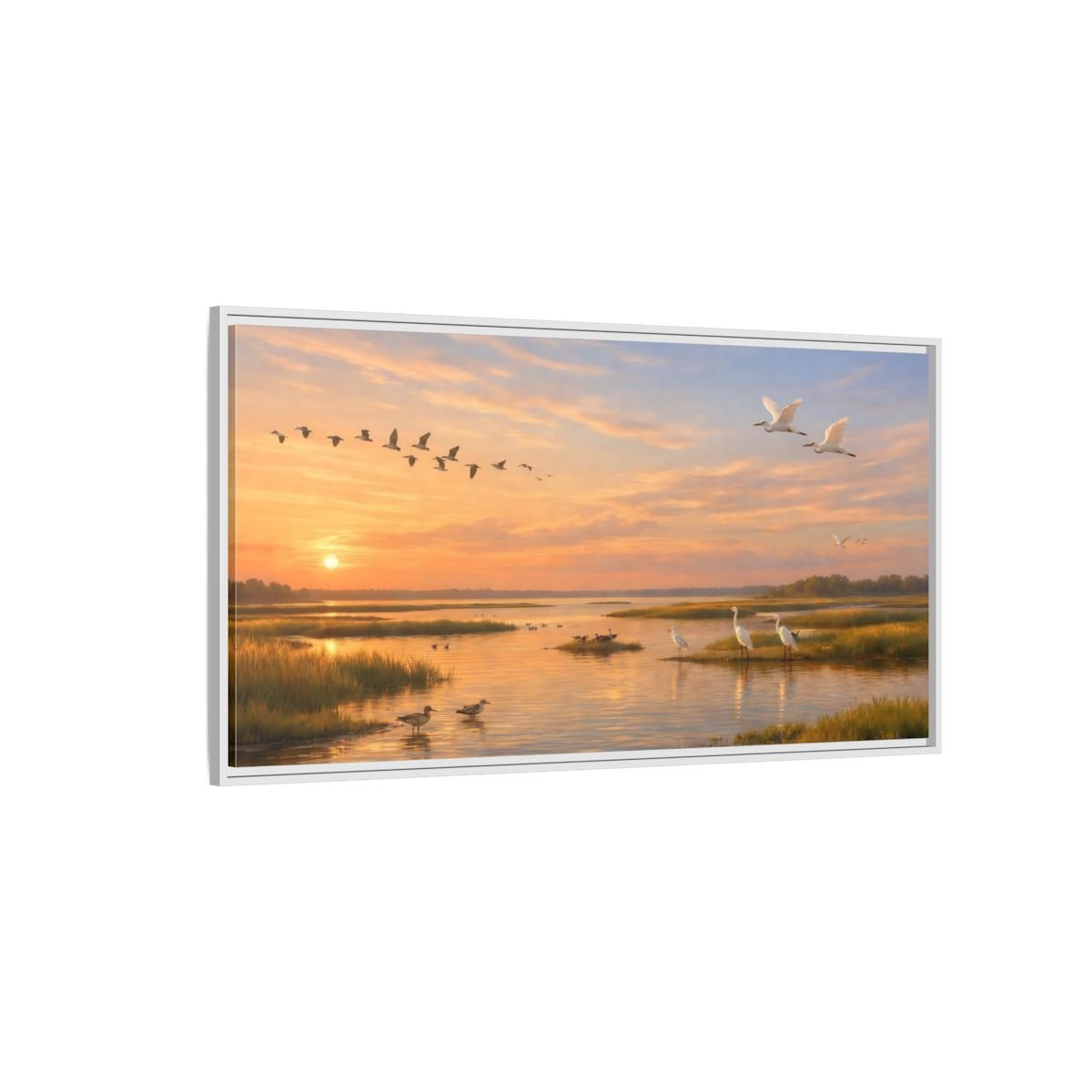 Landscape Nature Marshland Birds Golden Wetland - Framed Canvas Wall Art Print - YesArtYes