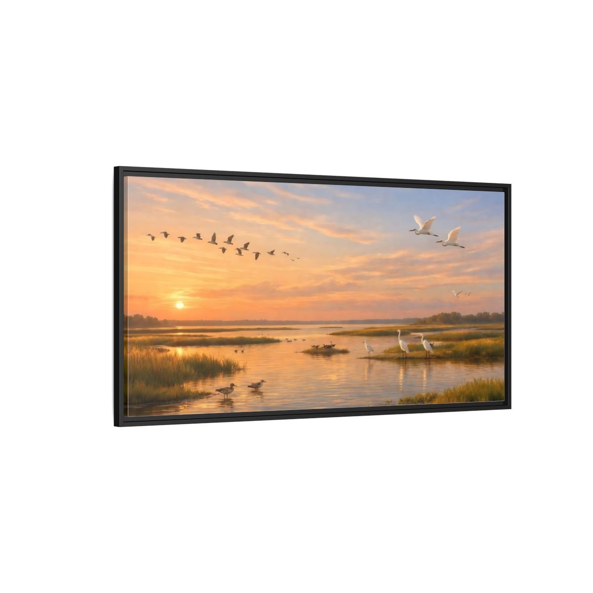 Landscape Nature Marshland Birds Golden Wetland - Framed Canvas Wall Art Print - YesArtYes
