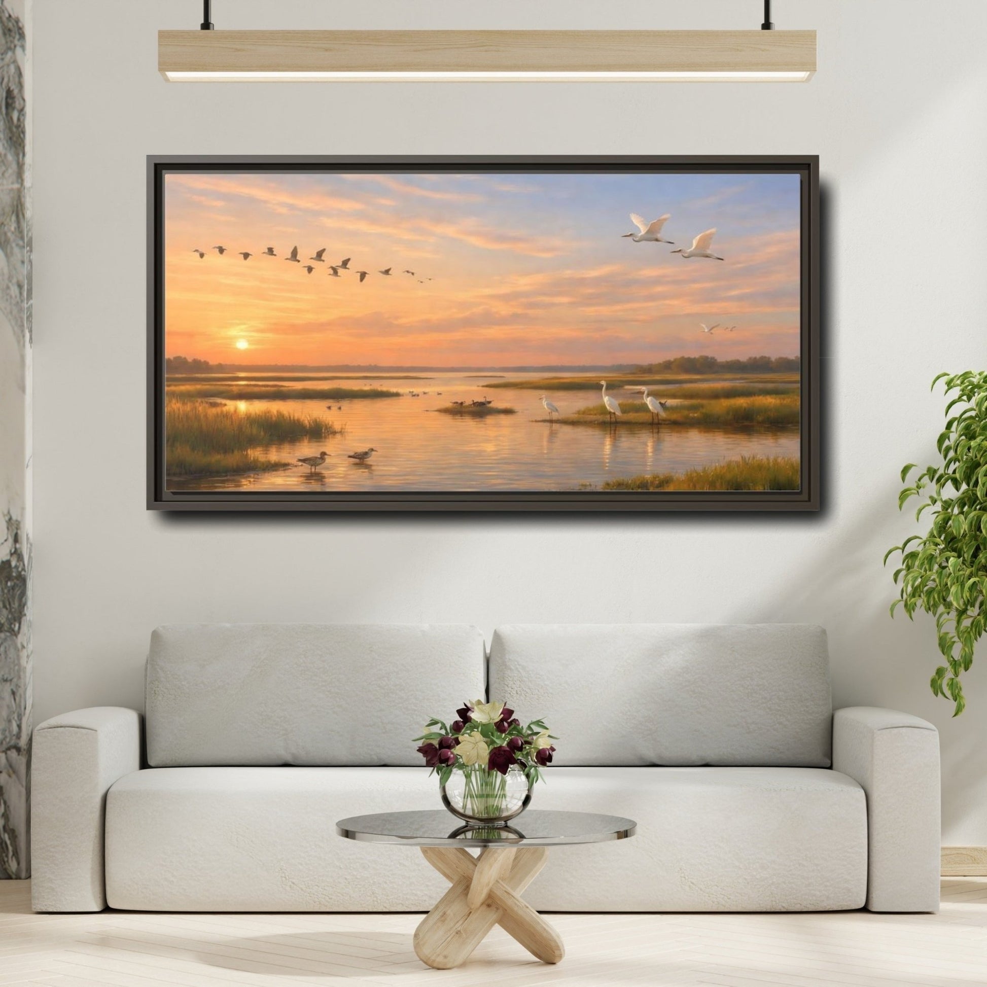 Landscape Nature Marshland Birds Golden Wetland - Framed Canvas Wall Art Print - YesArtYes