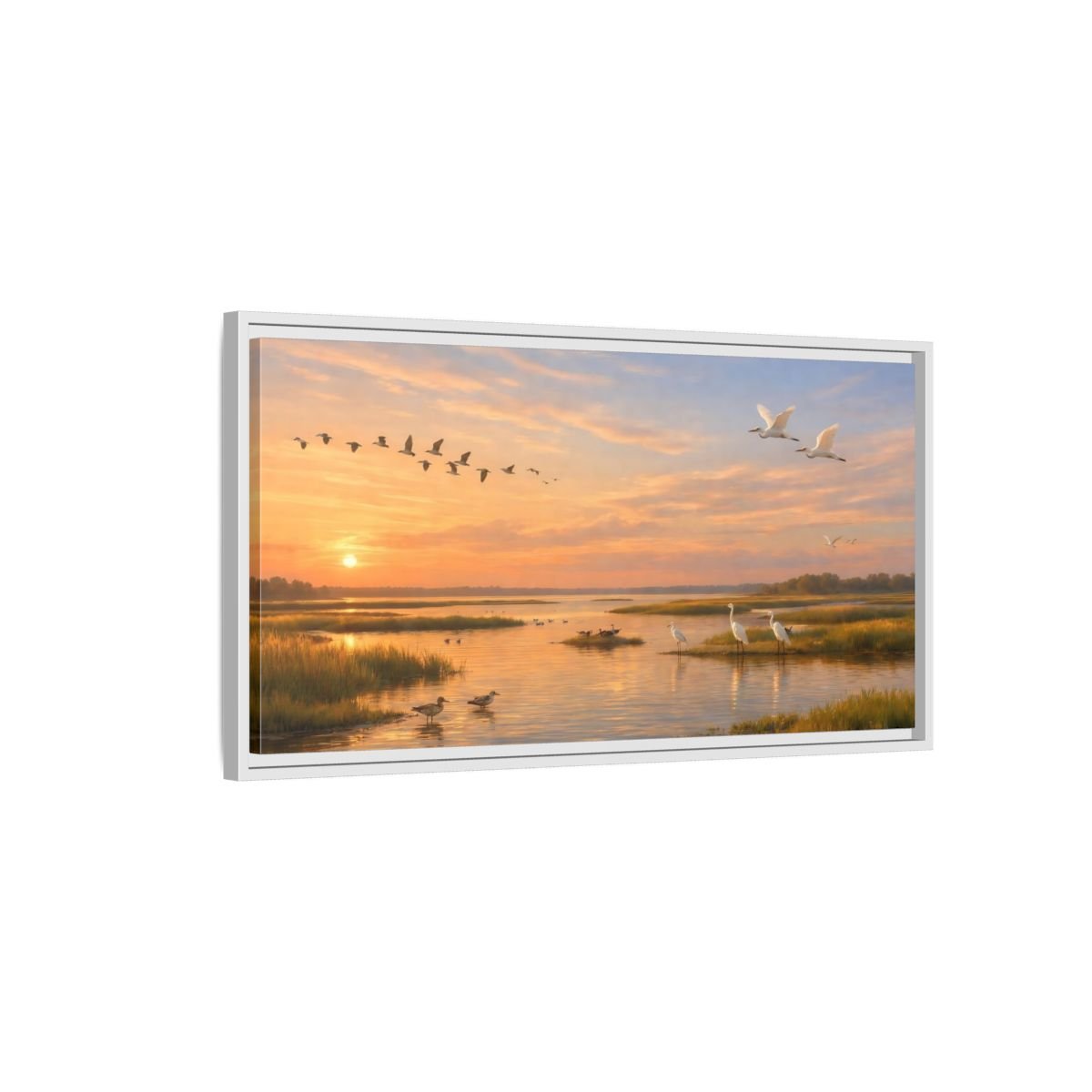 Landscape Nature Marshland Birds Golden Wetland - Framed Canvas Wall Art Print - YesArtYes