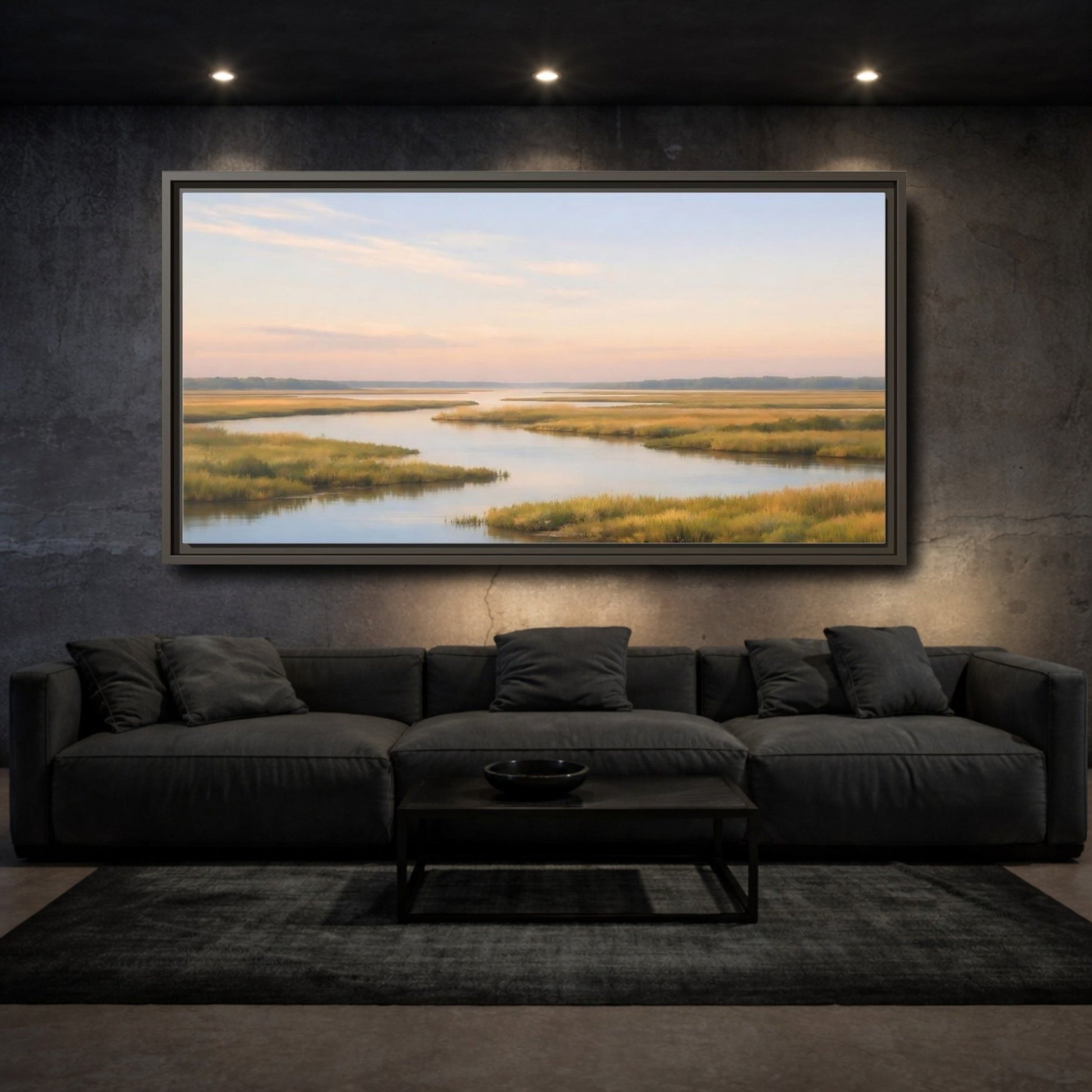 Landscape Nature Marshland Blue And Gold - Framed Canvas Wall Art Print - YesArtYes