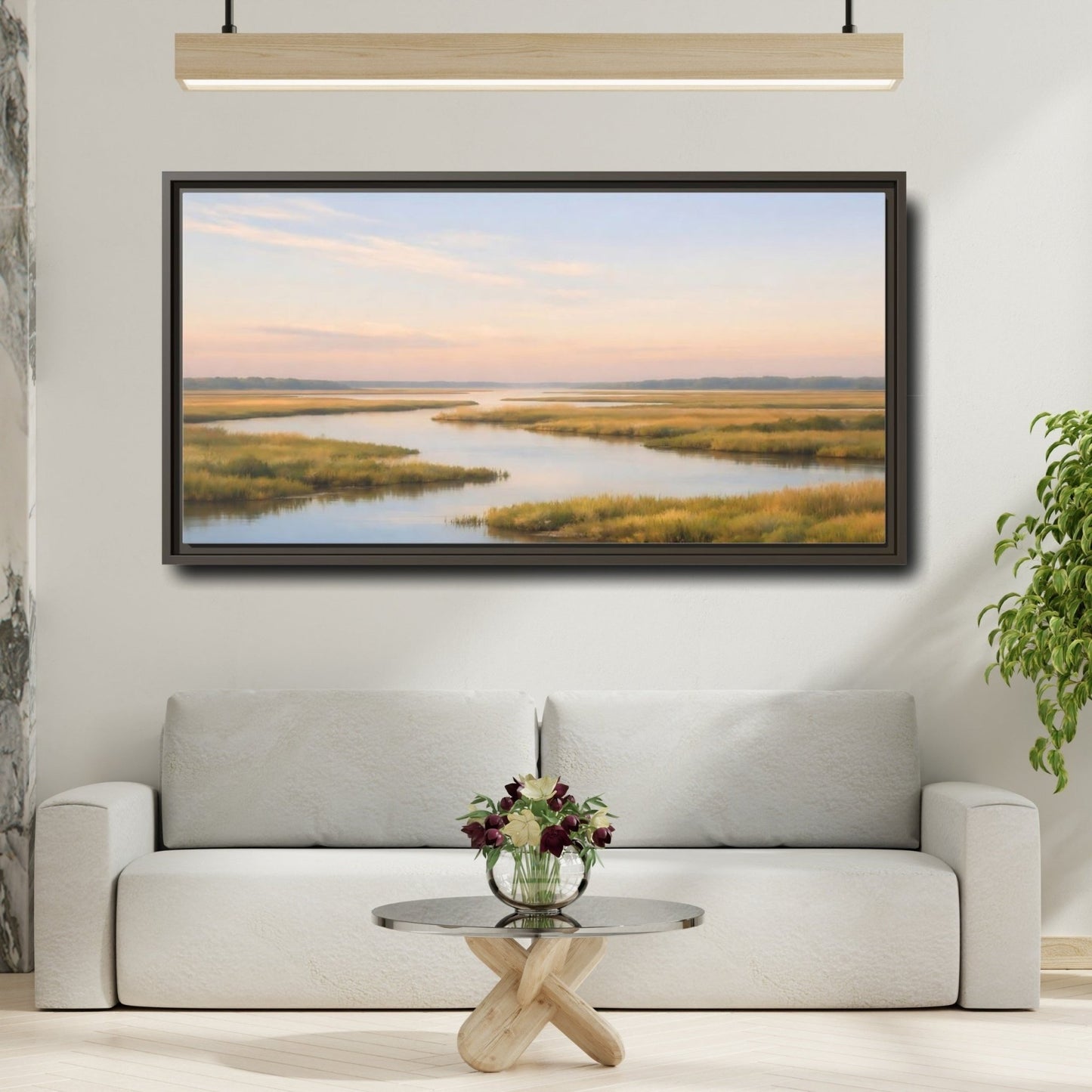 Landscape Nature Marshland Blue And Gold - Framed Canvas Wall Art Print - YesArtYes