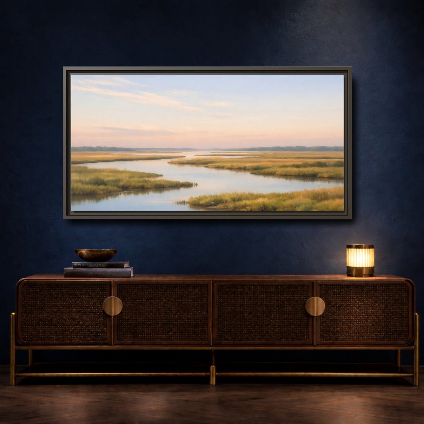 Landscape Nature Marshland Blue And Gold - Framed Canvas Wall Art Print - YesArtYes