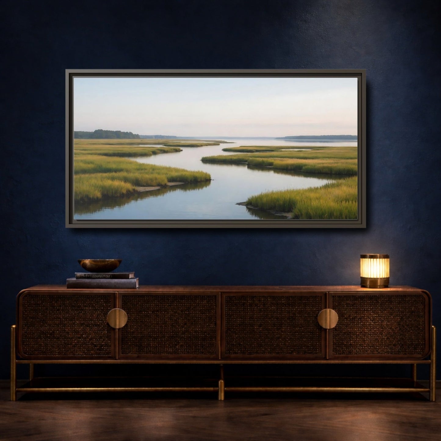Landscape Nature Marshland River Green Marsh - Framed Canvas Wall Art Print - YesArtYes