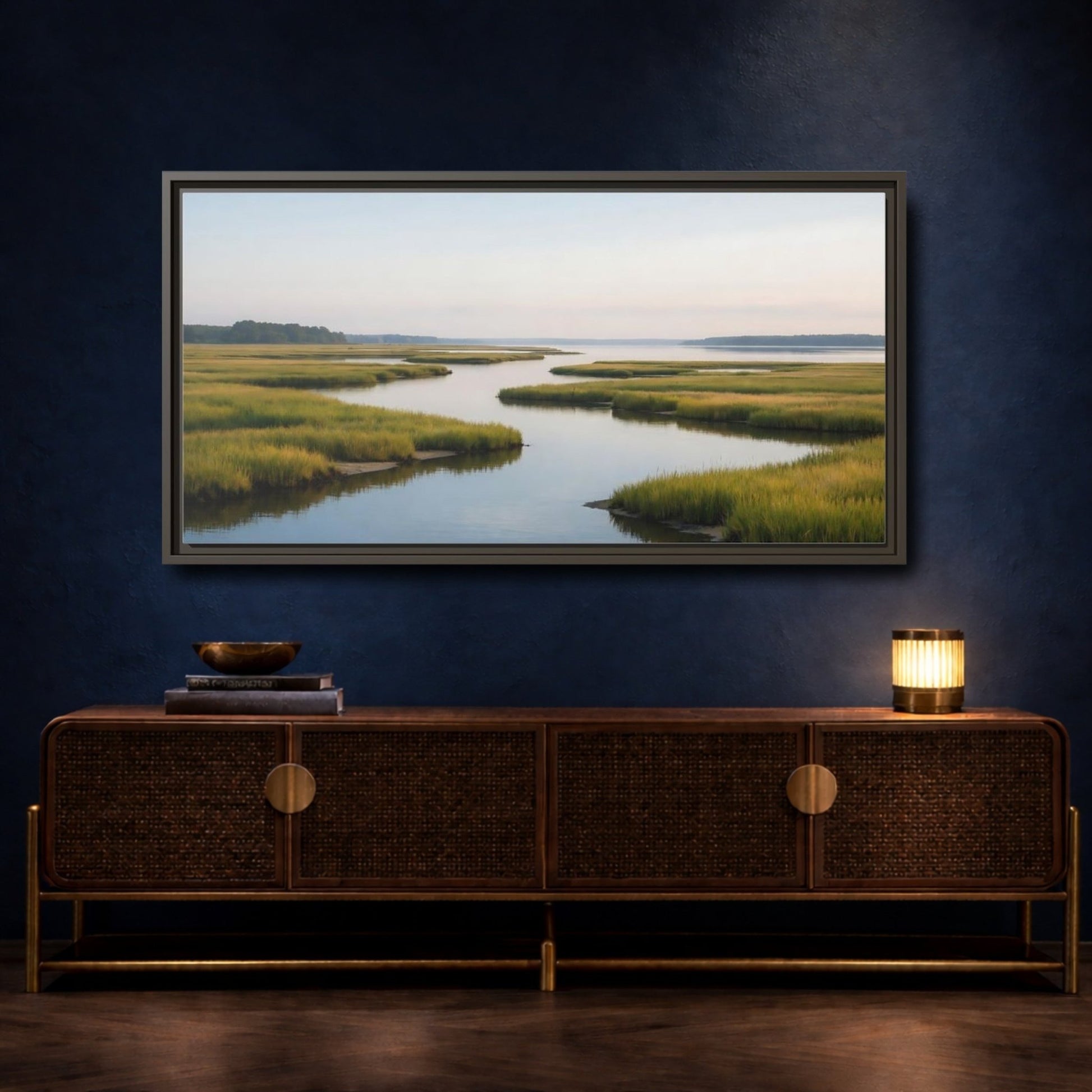 Landscape Nature Marshland River Green Marsh - Framed Canvas Wall Art Print - YesArtYes