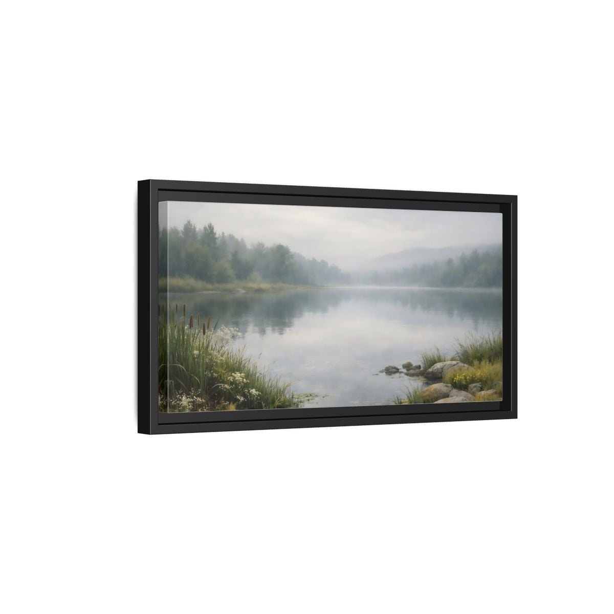 Landscape Nature Misty Lake Green - Framed Canvas Wall Art Print - YesArtYes