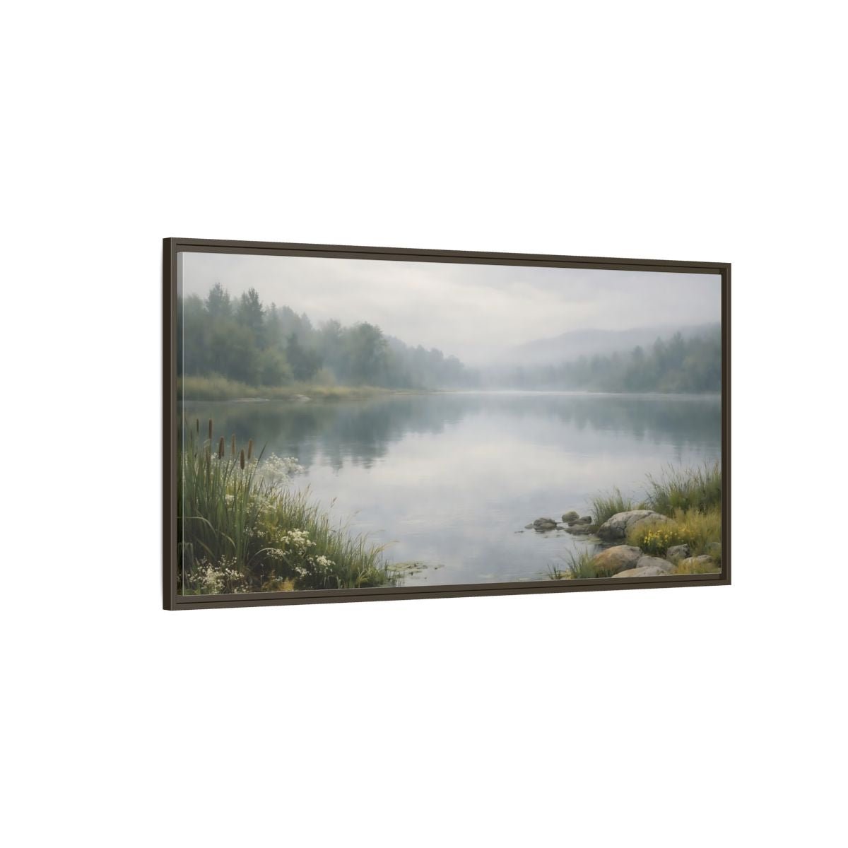 Landscape Nature Misty Lake Green - Framed Canvas Wall Art Print - YesArtYes