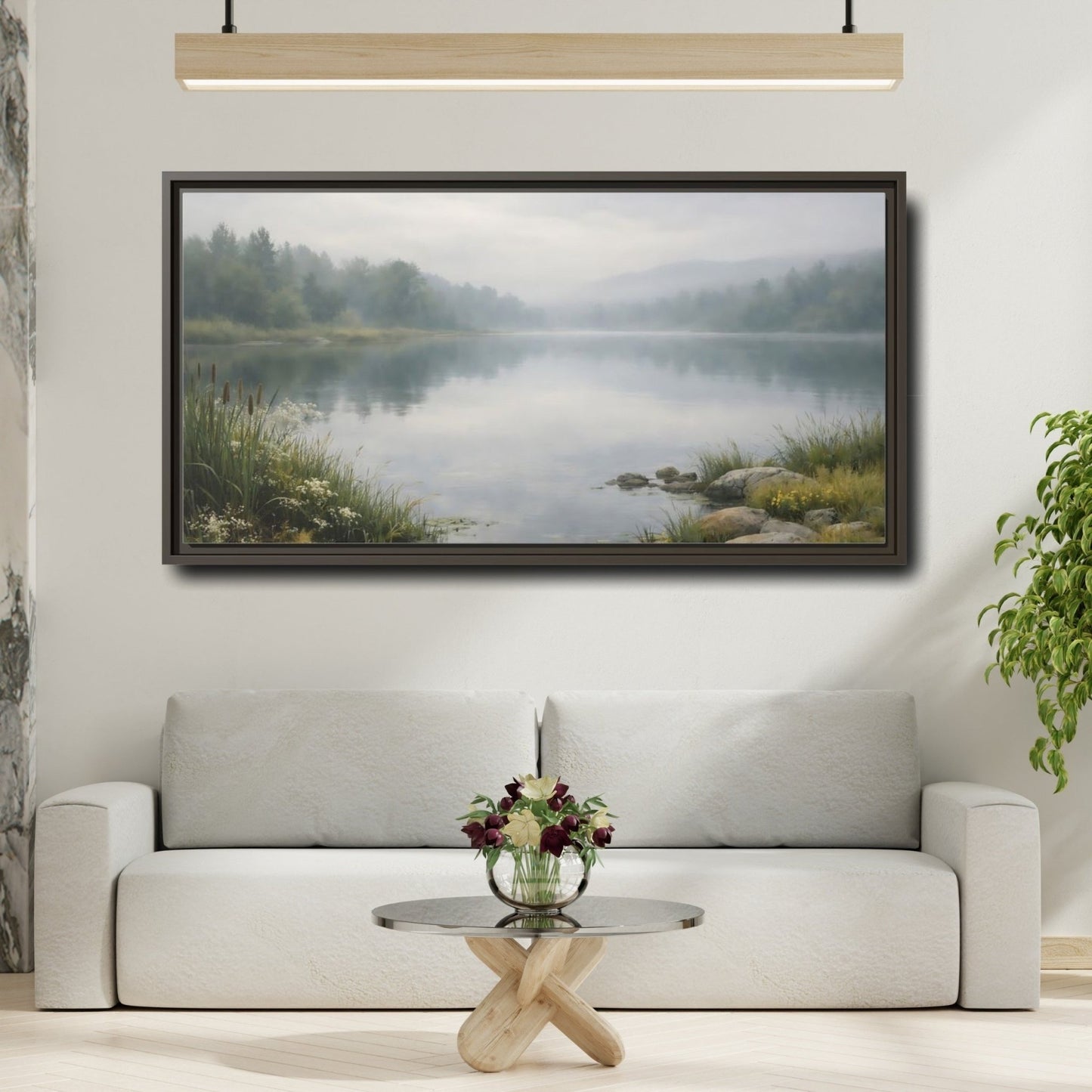 Landscape Nature Misty Lake Green - Framed Canvas Wall Art Print - YesArtYes