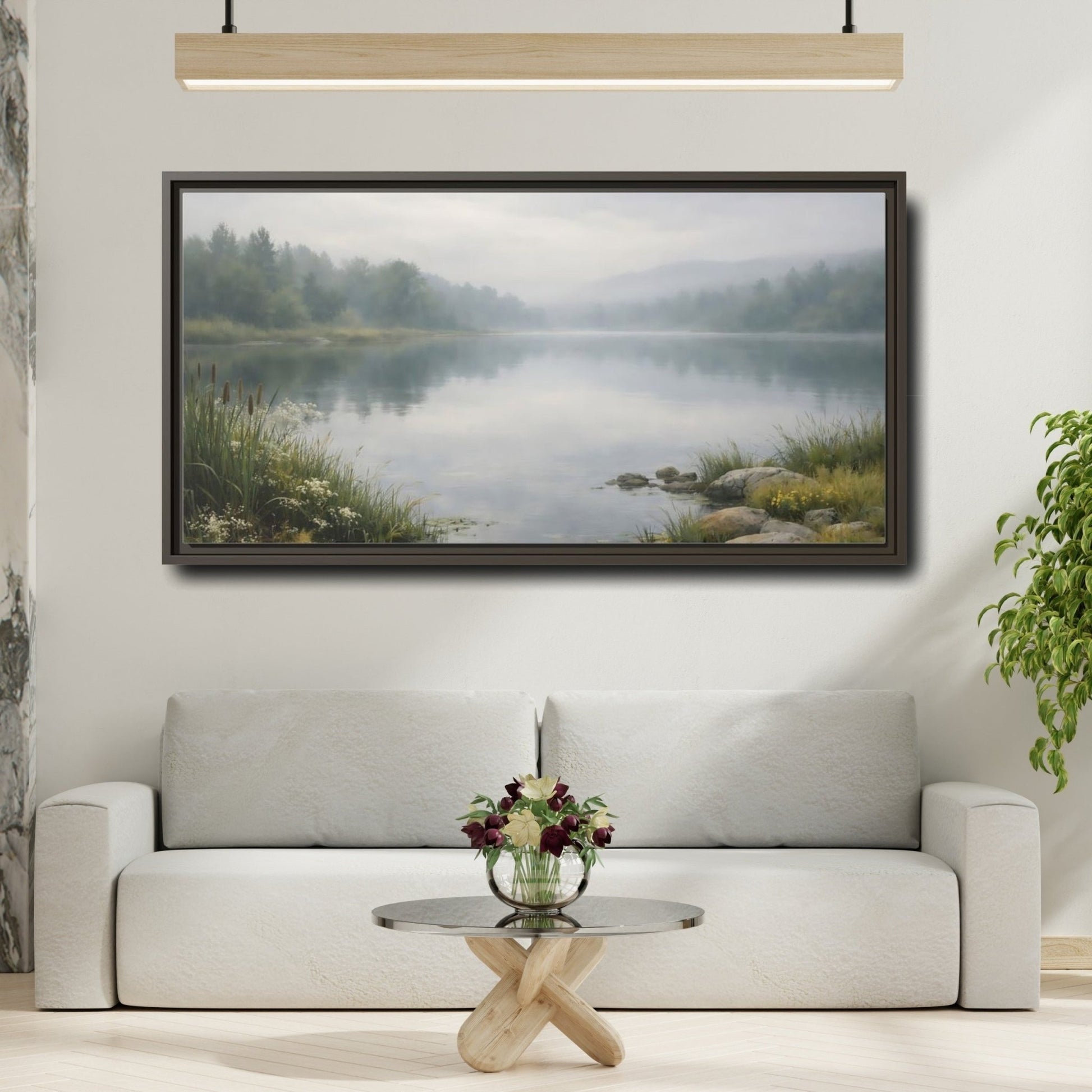 Landscape Nature Misty Lake Green - Framed Canvas Wall Art Print - YesArtYes