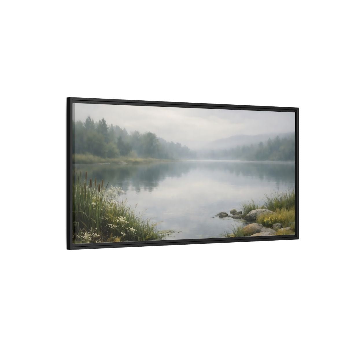 Landscape Nature Misty Lake Green - Framed Canvas Wall Art Print - YesArtYes