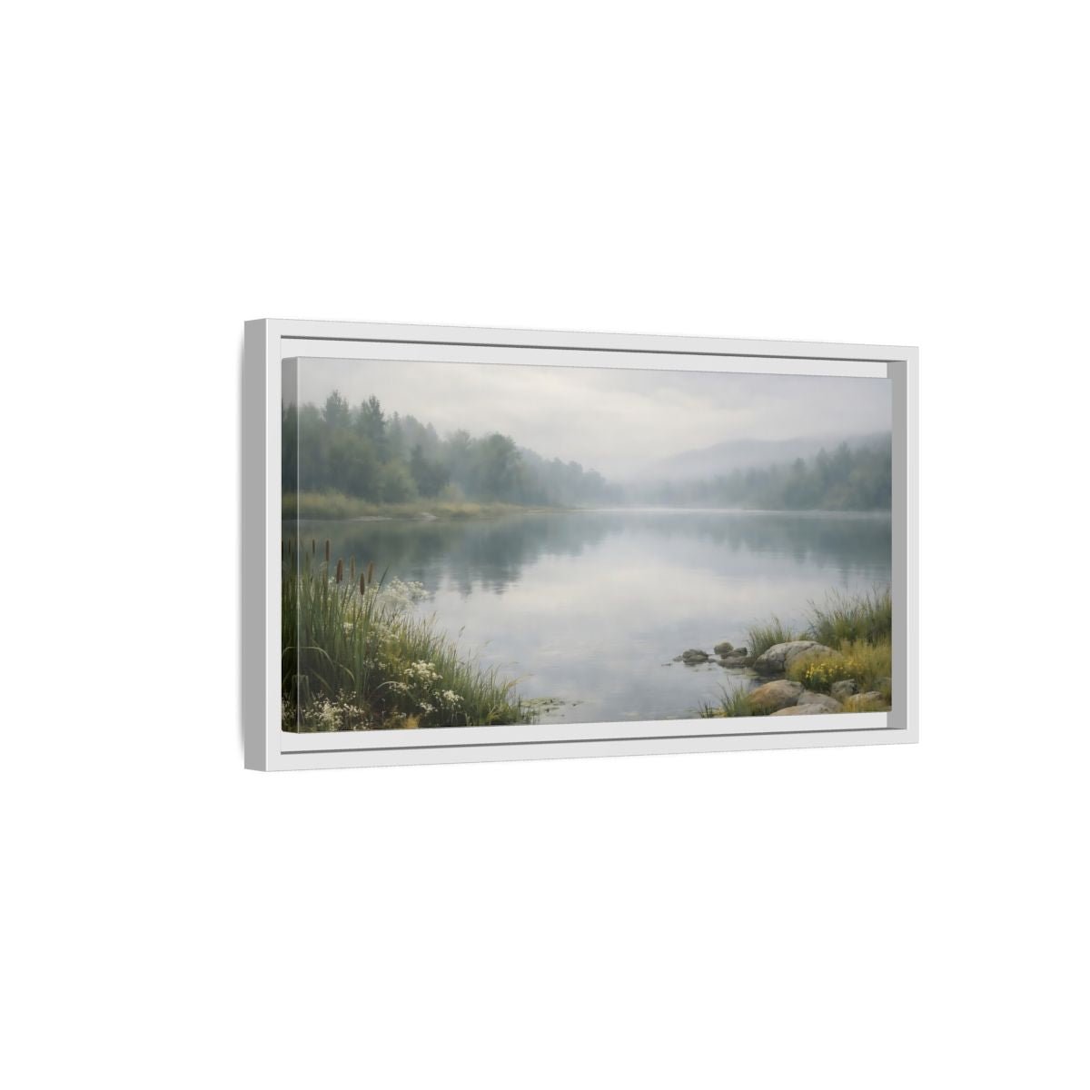 Landscape Nature Misty Lake Green - Framed Canvas Wall Art Print - YesArtYes