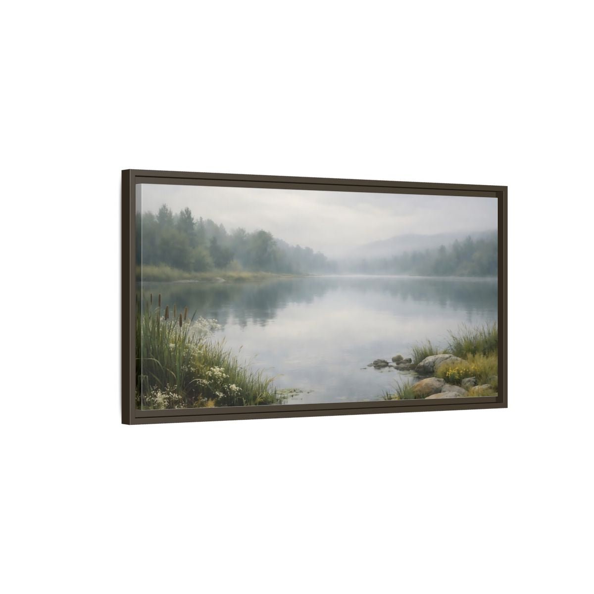 Landscape Nature Misty Lake Green - Framed Canvas Wall Art Print - YesArtYes