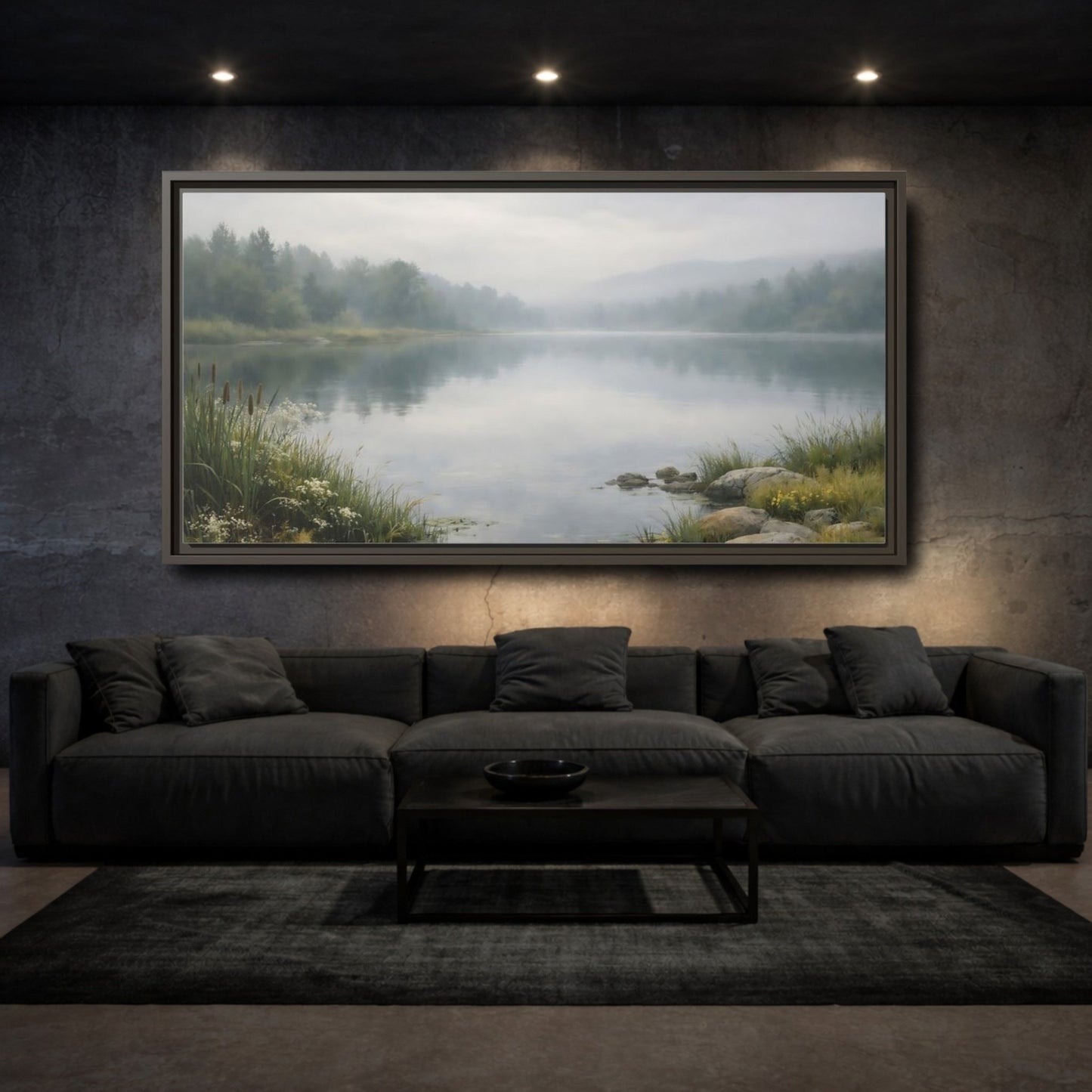 Landscape Nature Misty Lake Green - Framed Canvas Wall Art Print - YesArtYes