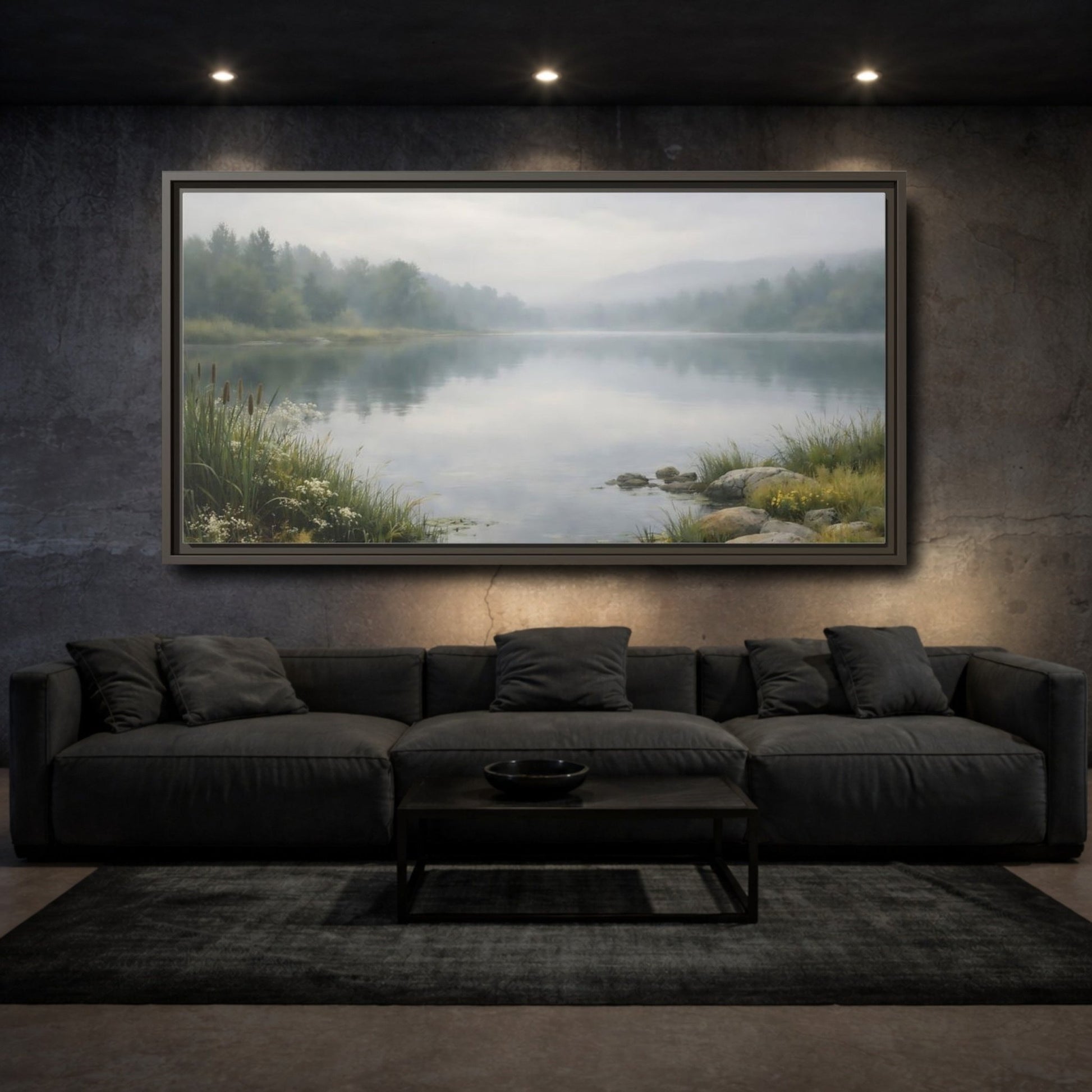Landscape Nature Misty Lake Green - Framed Canvas Wall Art Print - YesArtYes