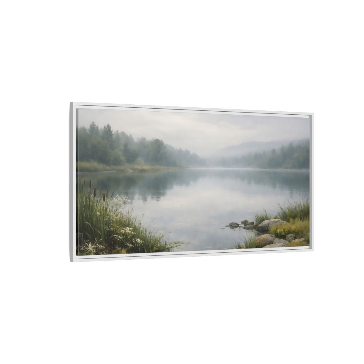 Landscape Nature Misty Lake Green - Framed Canvas Wall Art Print - YesArtYes