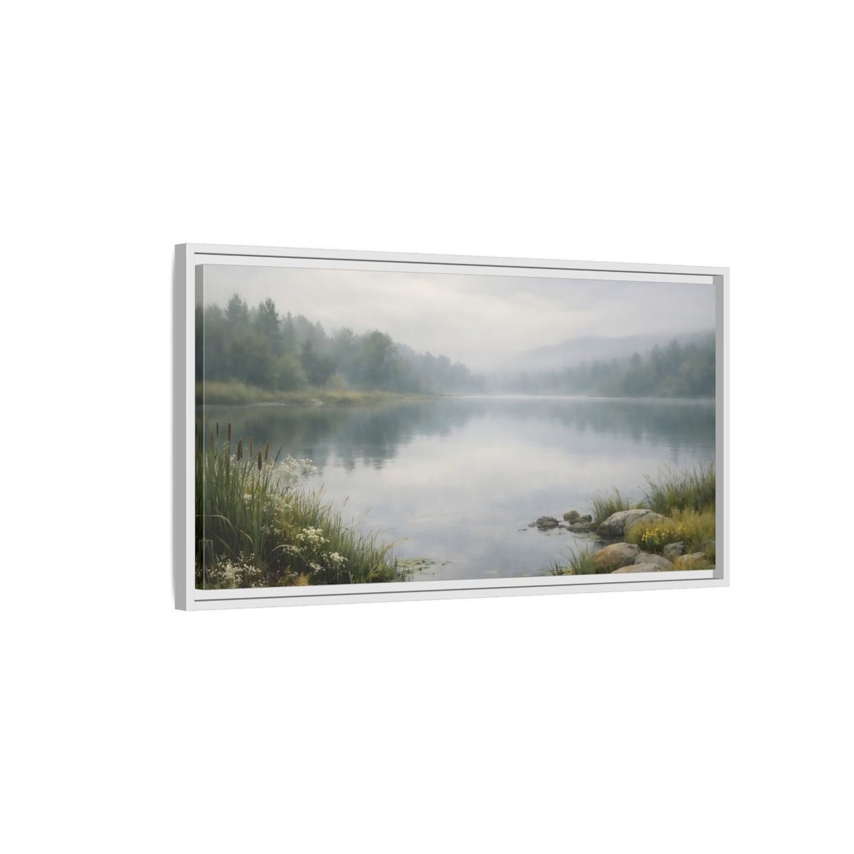 Landscape Nature Misty Lake Green - Framed Canvas Wall Art Print - YesArtYes