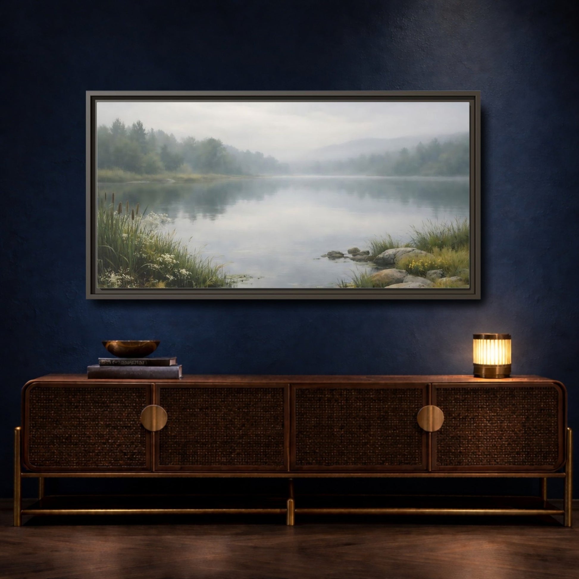 Landscape Nature Misty Lake Green - Framed Canvas Wall Art Print - YesArtYes