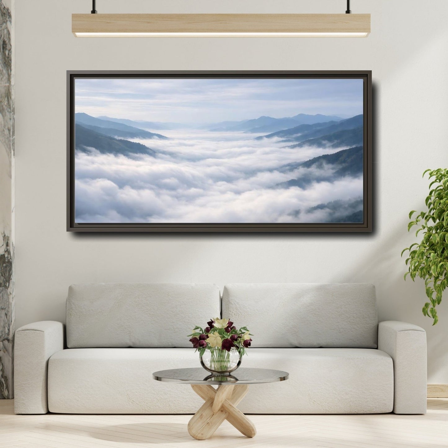 Landscape Nature Misty Mountains Blue Grey - Framed Canvas Wall Art Print - YesArtYes