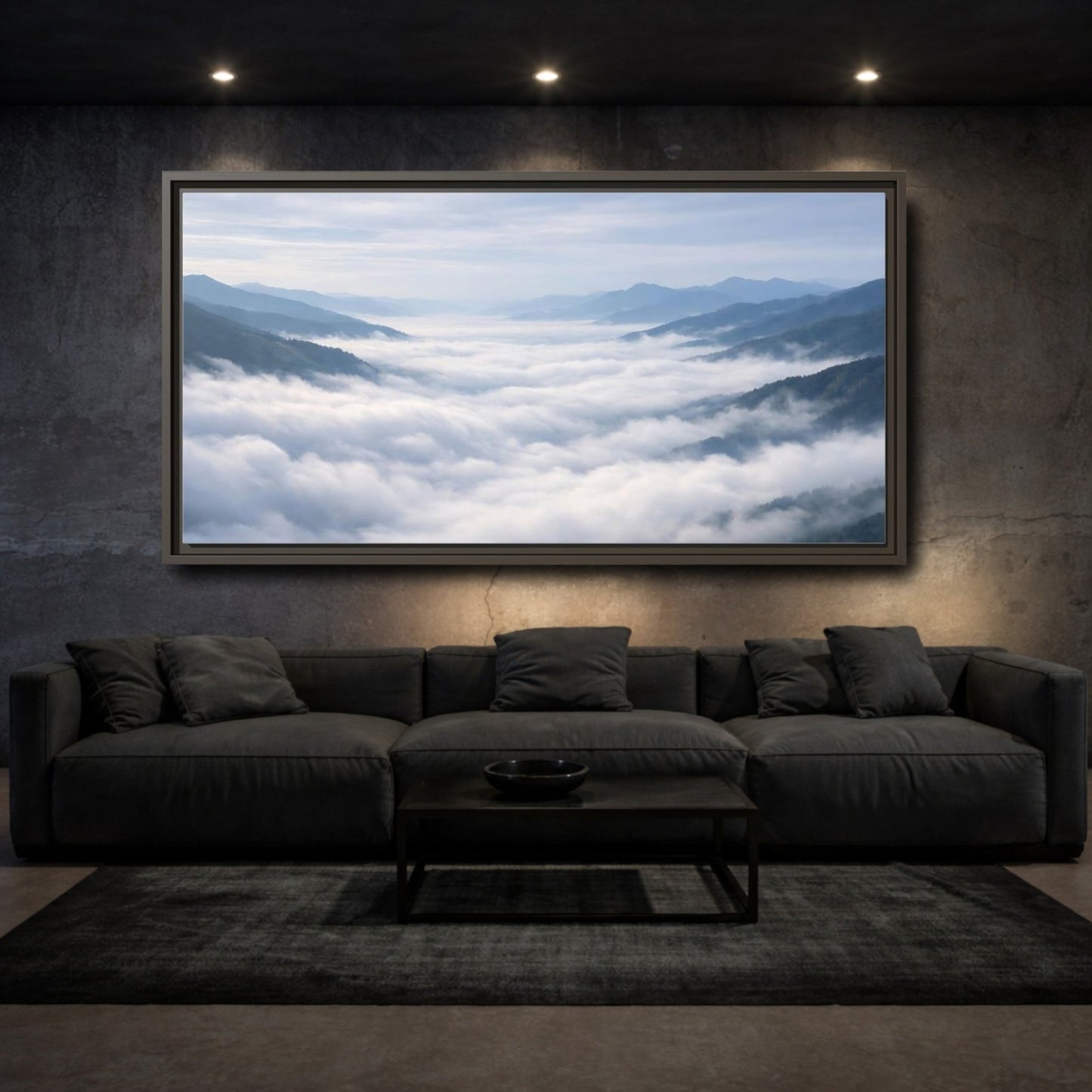 Landscape Nature Misty Mountains Blue Grey - Framed Canvas Wall Art Print - YesArtYes