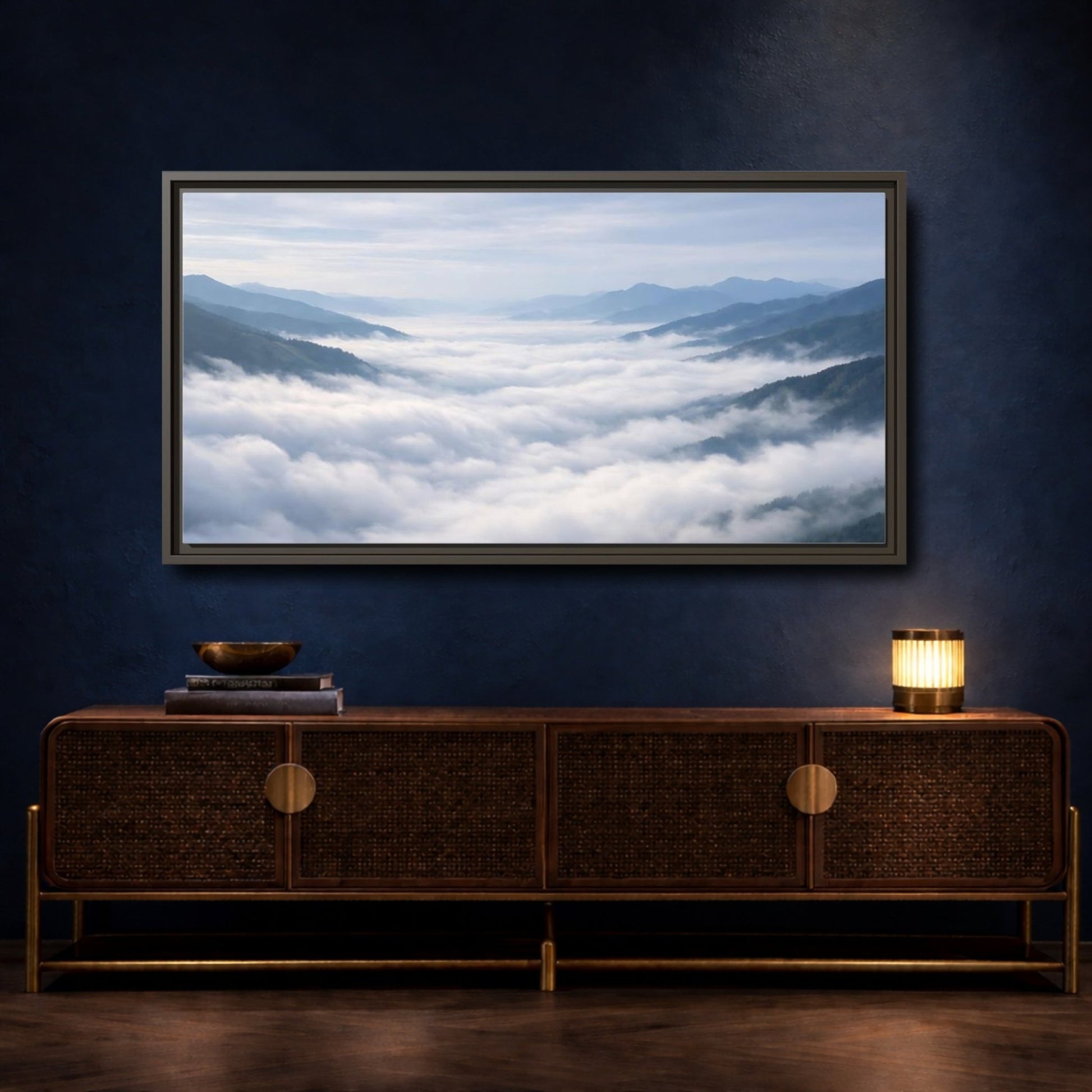 Landscape Nature Misty Mountains Blue Grey - Framed Canvas Wall Art Print - YesArtYes