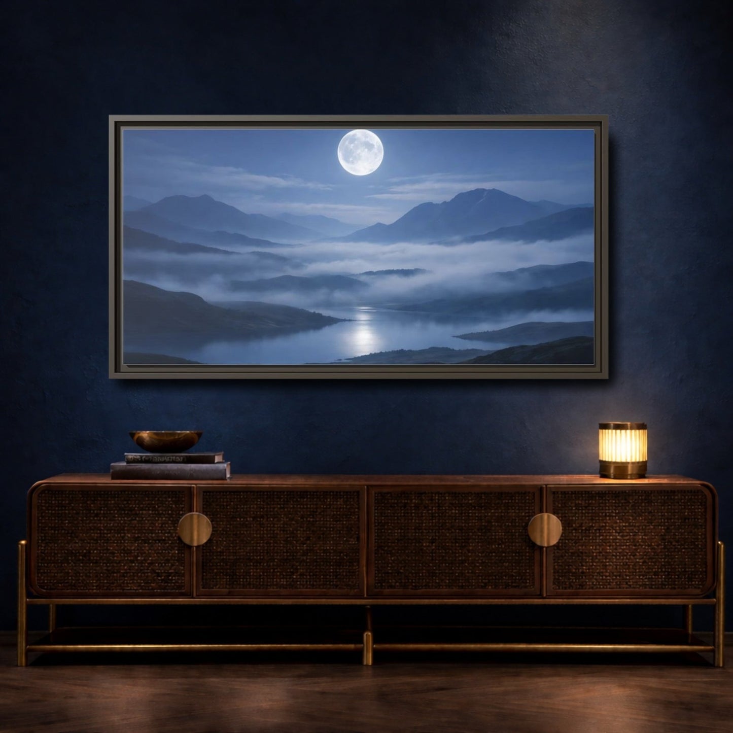 Landscape Nature Moon Lake Blue - Framed Canvas Wall Art Print - YesArtYes