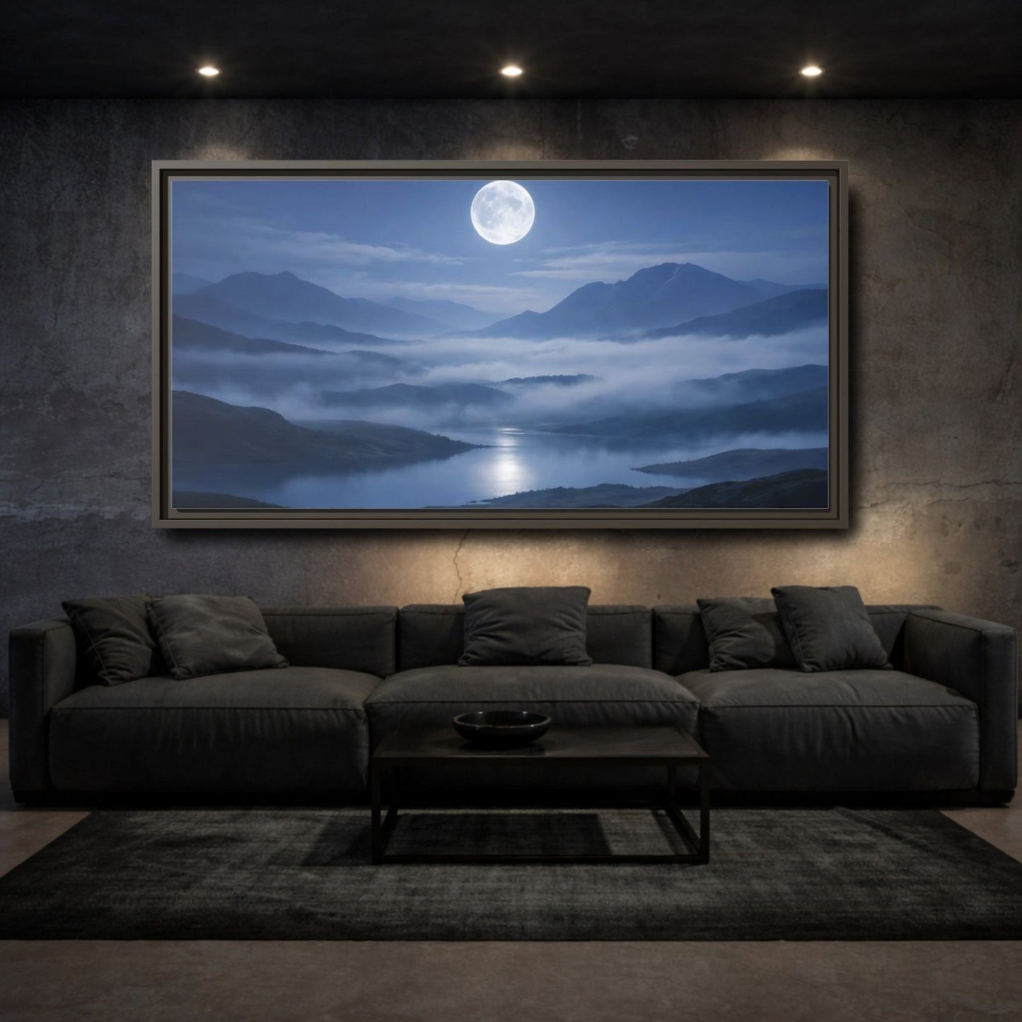 Landscape Nature Moon Lake Blue - Framed Canvas Wall Art Print - YesArtYes
