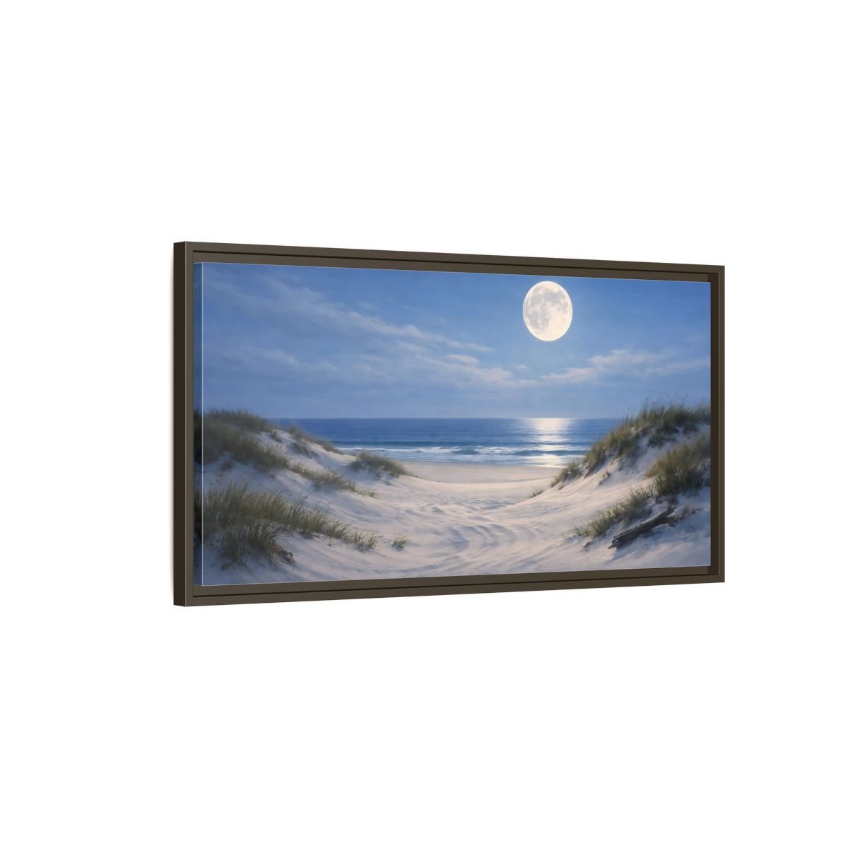 Landscape Nature Moonlit Beach Blue And - Framed Canvas Wall Art Print - YesArtYes
