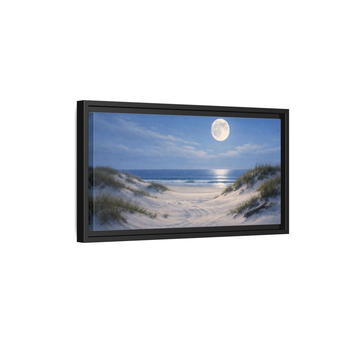 Landscape Nature Moonlit Beach Blue And - Framed Canvas Wall Art Print - YesArtYes